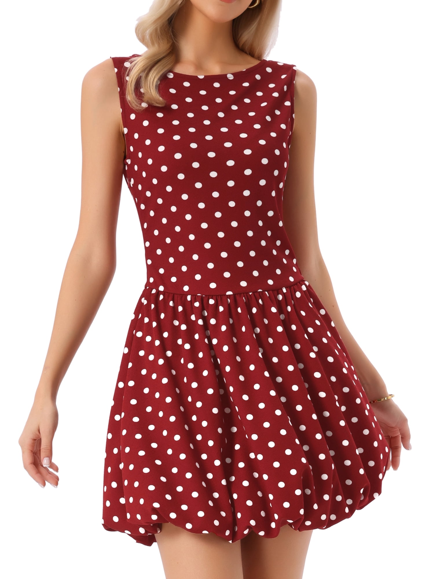 DARING DIVA Women's Boat Neck Sleeveless Polka Dots Cocktail Dress L Dark Red