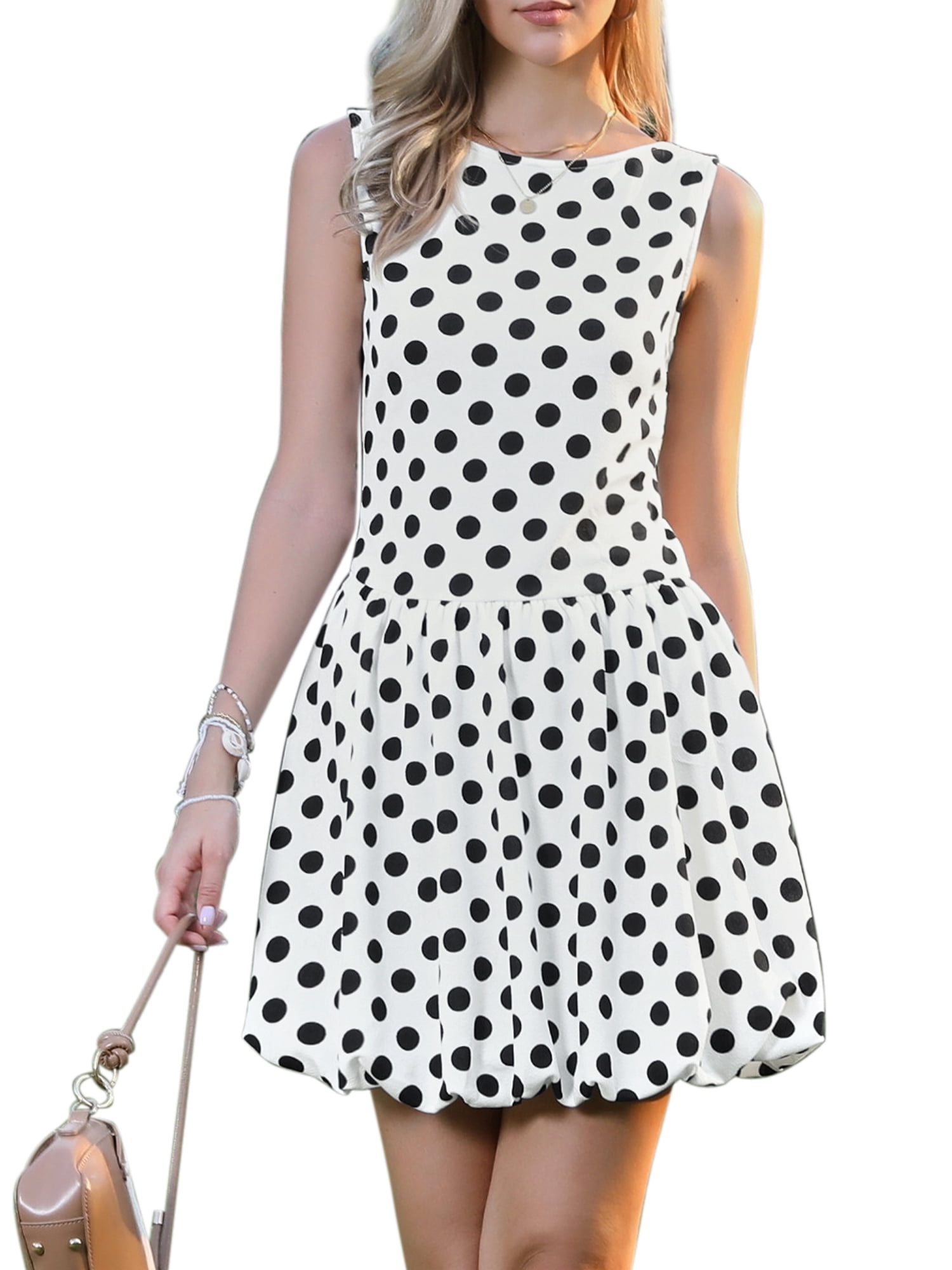 DARING DIVA Women's Boat Neck Sleeveless Polka Dots Cocktail Dress L White