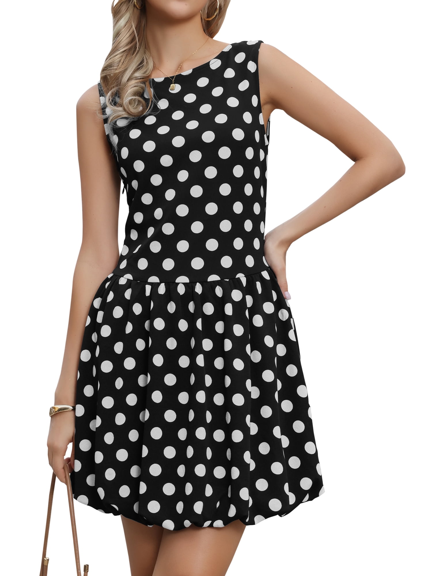 DARING DIVA Women's Boat Neck Sleeveless Polka Dots Cocktail Dress M Black