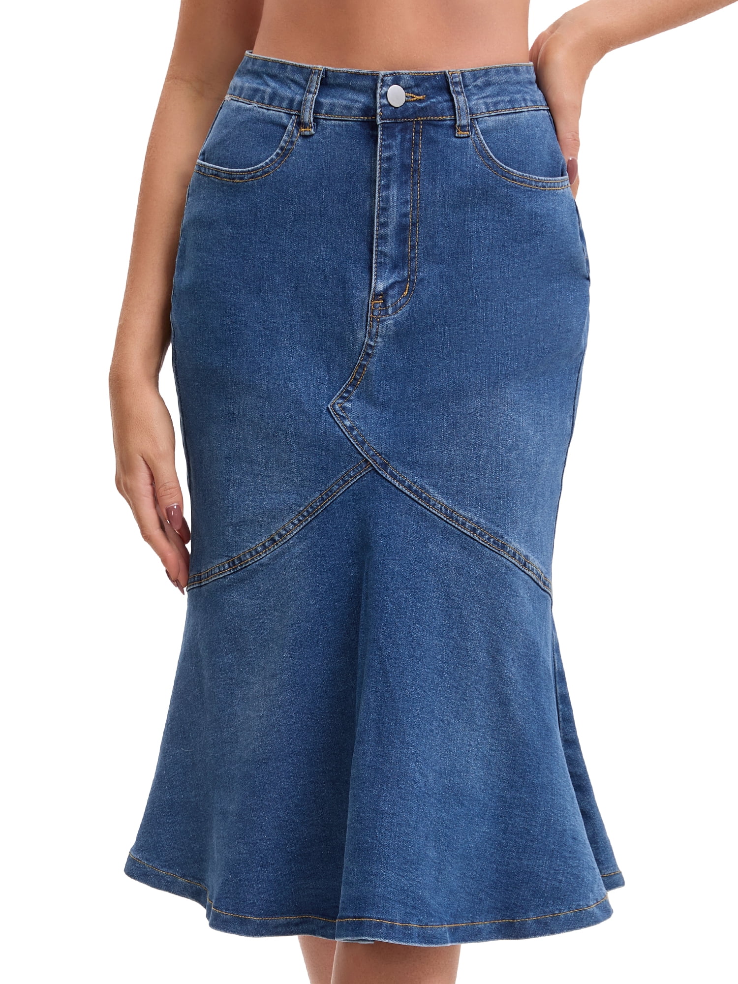 DARING DIVA Women's Bodycon Fishtail Ruffled Knee Length Jean Skirt Large Blue