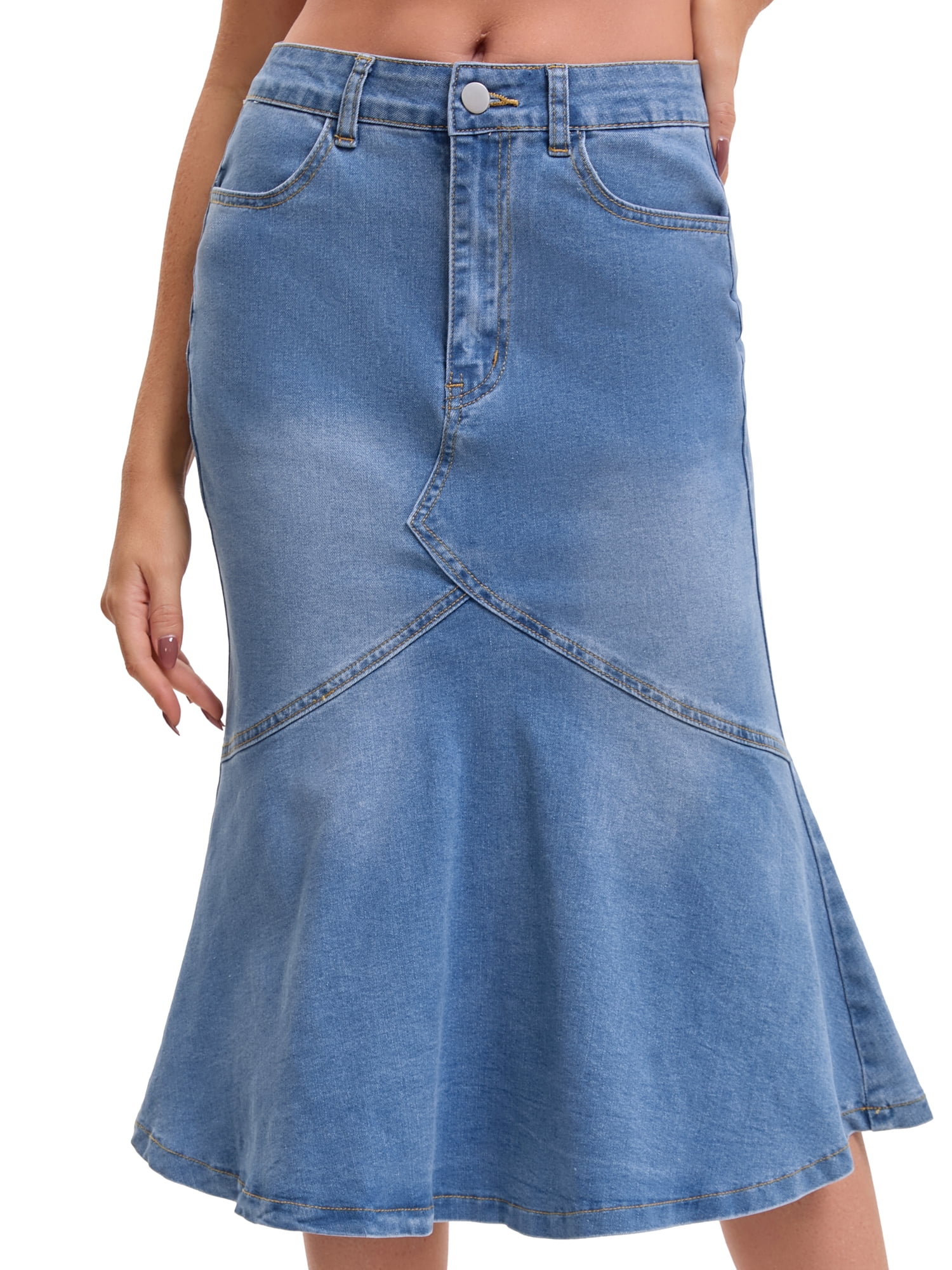 DARING DIVA Women's Bodycon Fishtail Ruffled Knee Length Jean Skirt Large Sky Blue