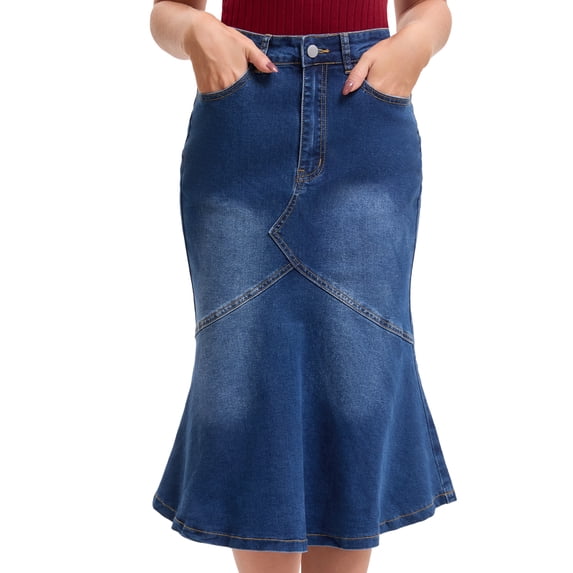 DARING DIVA Women's Bodycon Fishtail Ruffled Knee Length Jean Skirt X-Large Deep Blue
