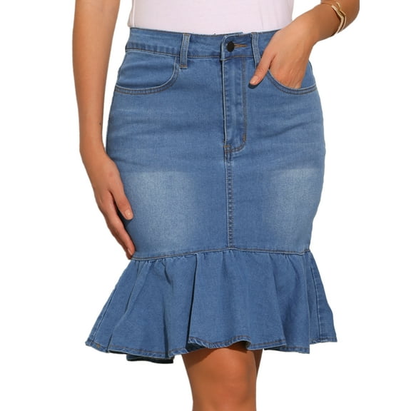 DARING DIVA Women's Bodycon Fishtails Ruffled Knee Length Jean Skirt L Light Blue