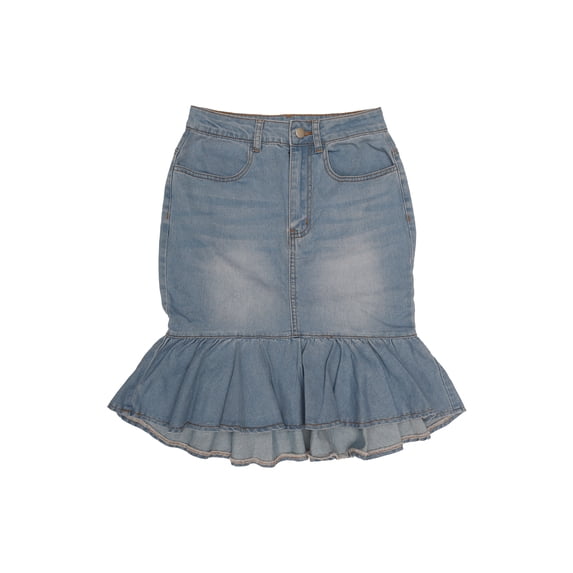 DARING DIVA Women's Bodycon Fishtails Ruffled Knee Length Jean Skirt M Sky Blue