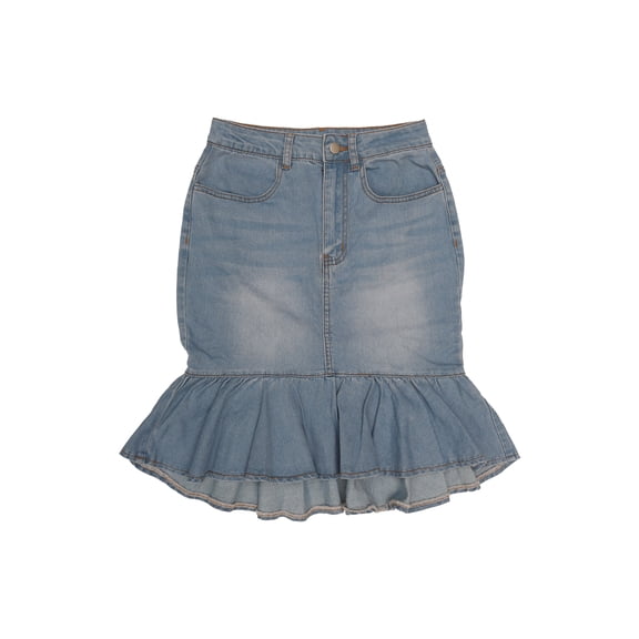 DARING DIVA Women's Bodycon Fishtails Ruffled Knee Length Jean Skirt M Sky Blue
