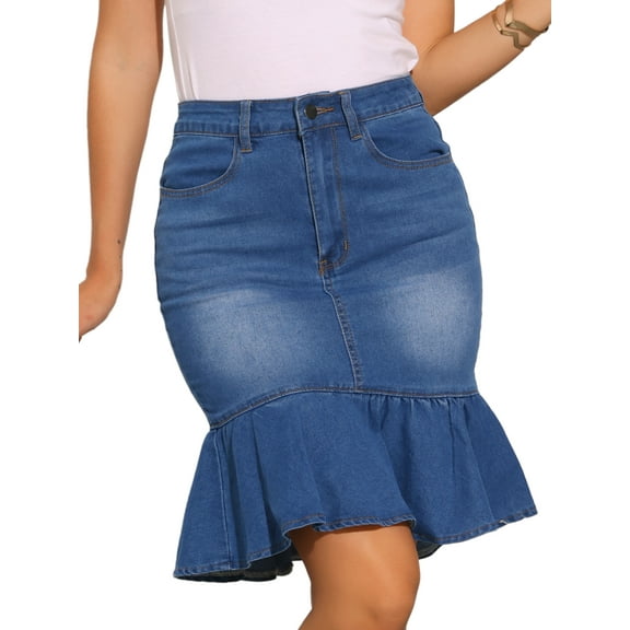 DARING DIVA Women's Bodycon Fishtails Ruffled Knee Length Jean Skirt XL Blue