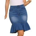 thumbnail image 1 of DARING DIVA Women's Bodycon Fishtails Ruffled Knee Length Jean Skirt XS Blue, 1 of 6