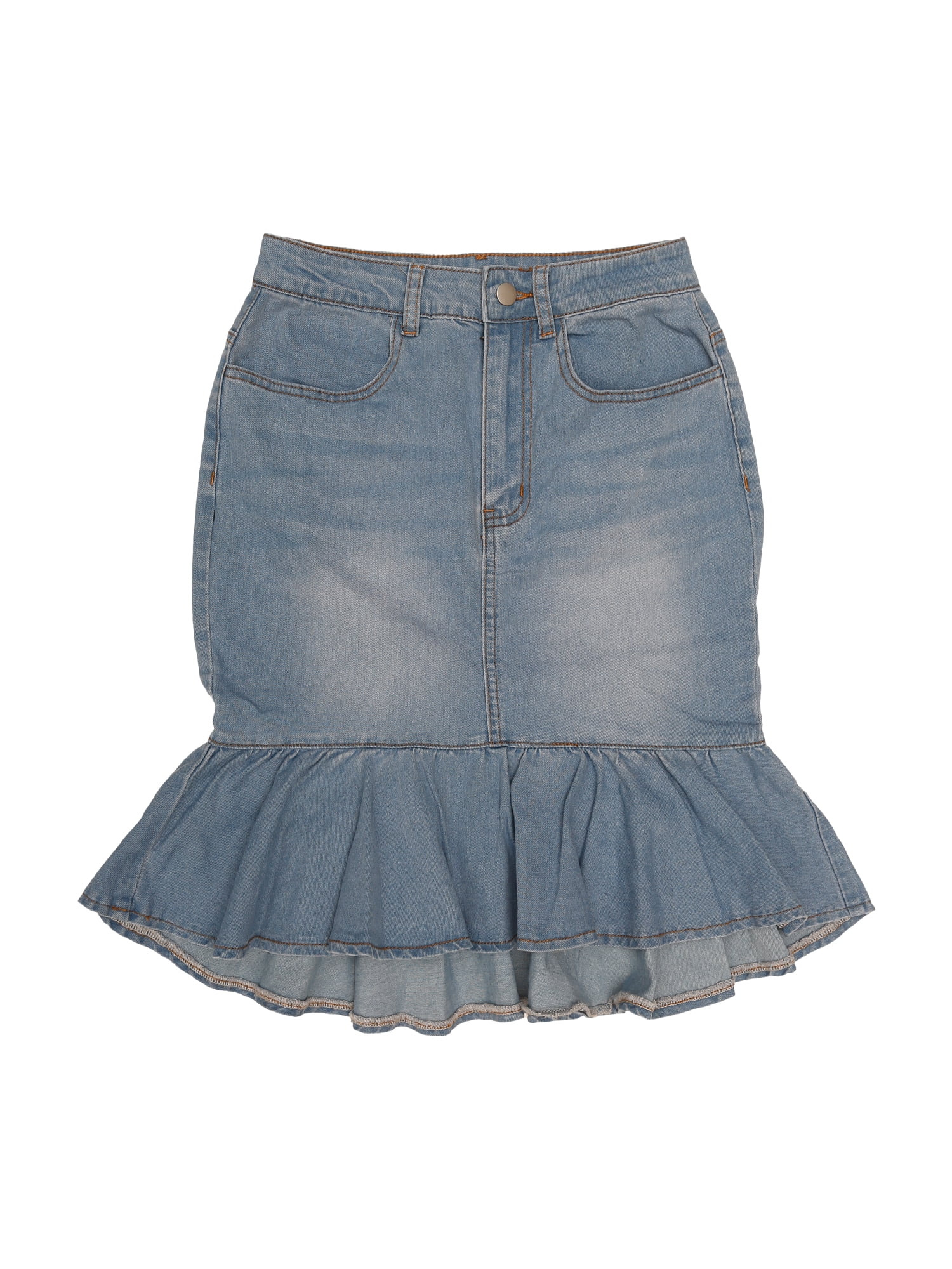 DARING DIVA Women's Bodycon Fishtails Ruffled Knee Length Jean Skirt XS Sky Blue