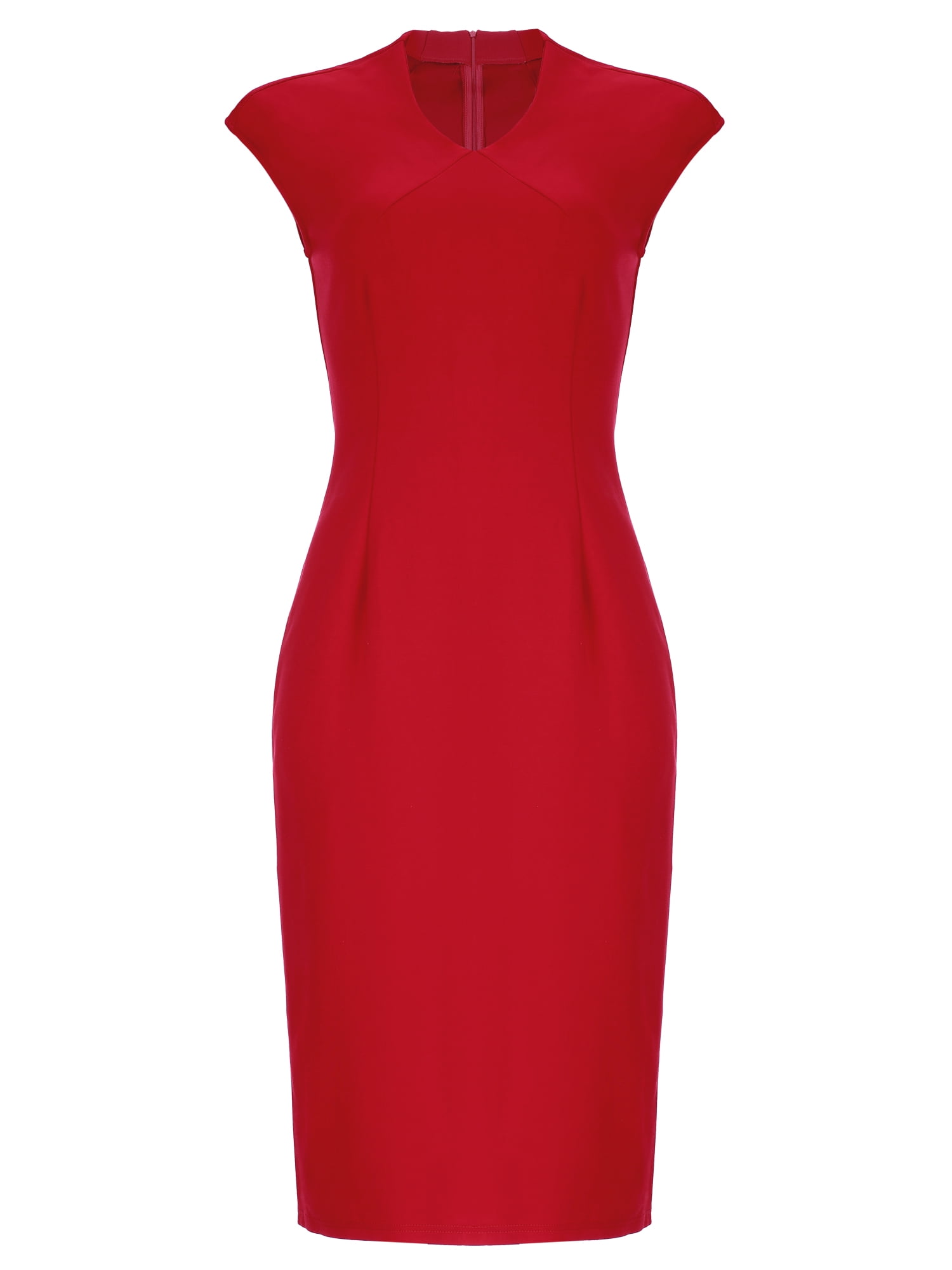 DARING DIVA Women's Bodycon Sheath Knee Length V Neck and Cap Sleeve Work Dress XS Red