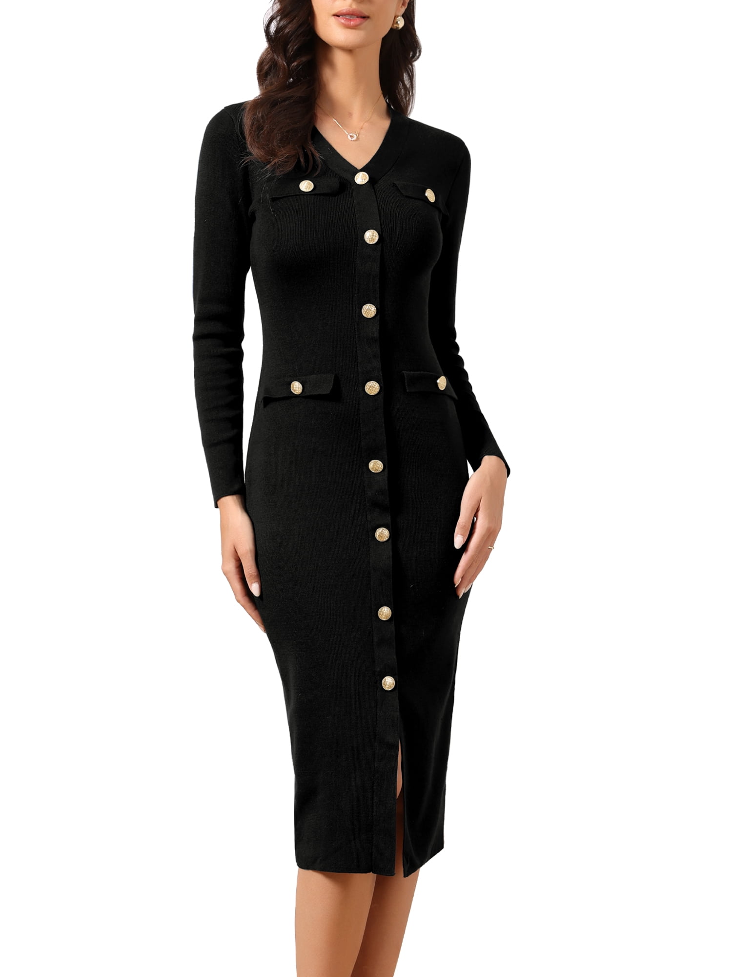 DARING DIVA Women's Bodycon Sweater Button Decor Knit Midi Dress S Black