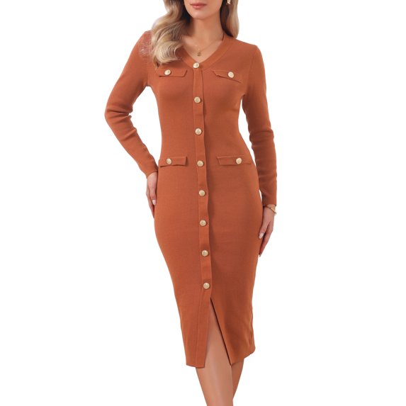 DARING DIVA Women's Bodycon Sweater Button Decor Knit Midi Dress XL Rust