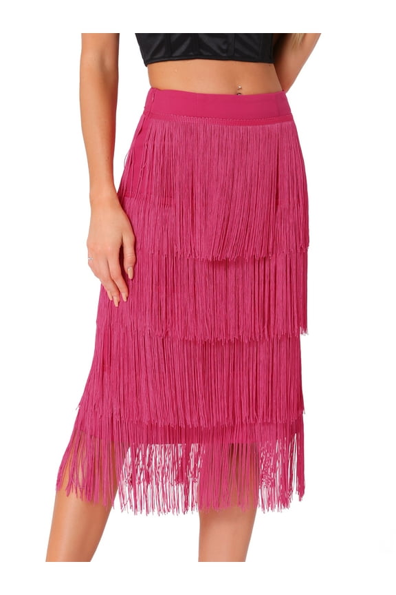 Women's Bodycon Tiered Pencil Midi Tassel Fringe Skirts L Hot Pink