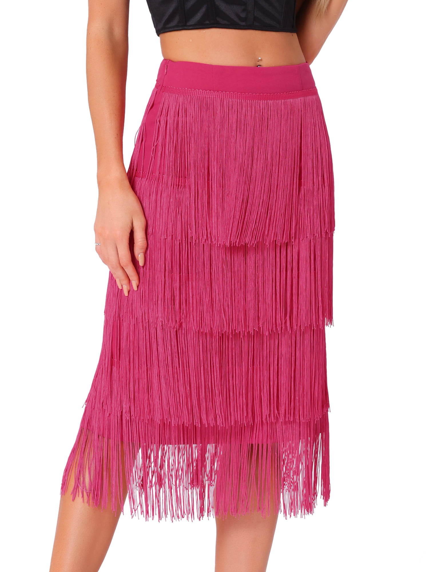 DARING DIVA Women's Bodycon Tiered Pencil Midi Tassel Fringe Skirts XL Hot Pink