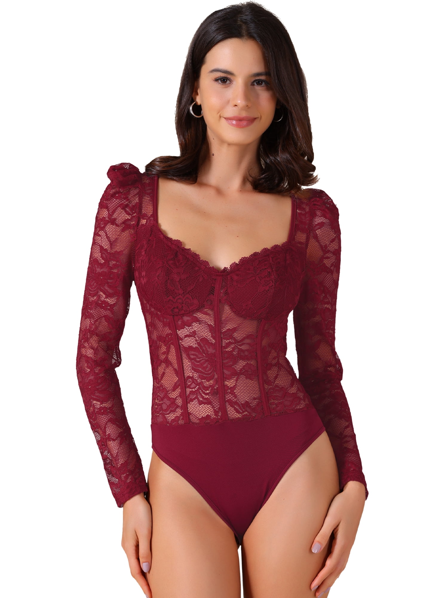 DARING DIVA Women's Bodysuit Corset Long Sleeve See Through Sheer t Shirt S Red