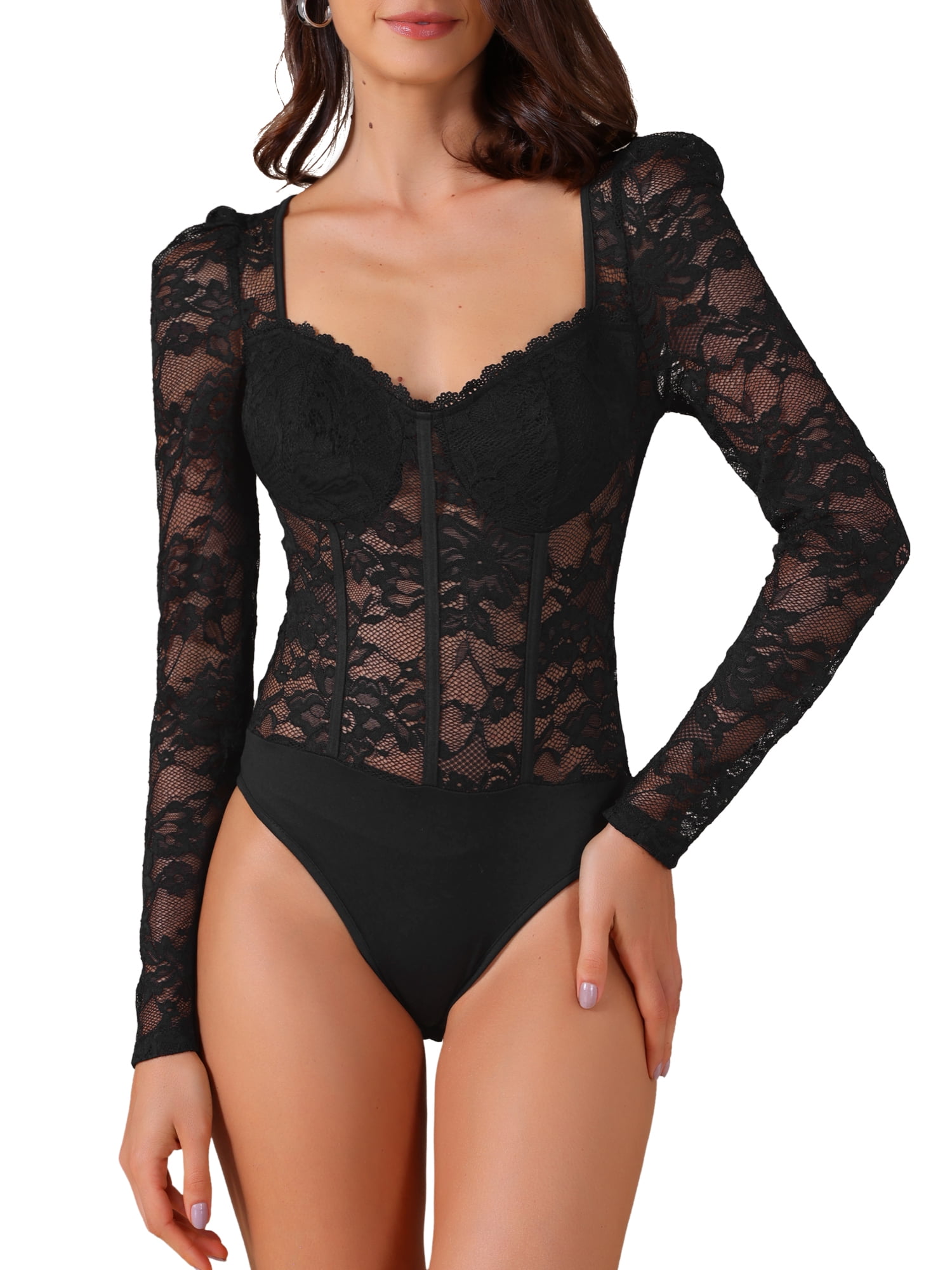DARING DIVA Women's Bodysuit Corset Long Sleeve See Through Sheer t Shirt XL Black