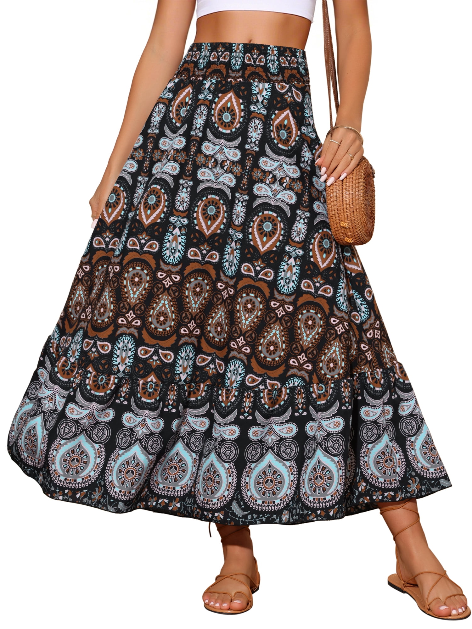 DARING DIVA Women's Bohemian High Waist A Line Maxi Skirts S Black