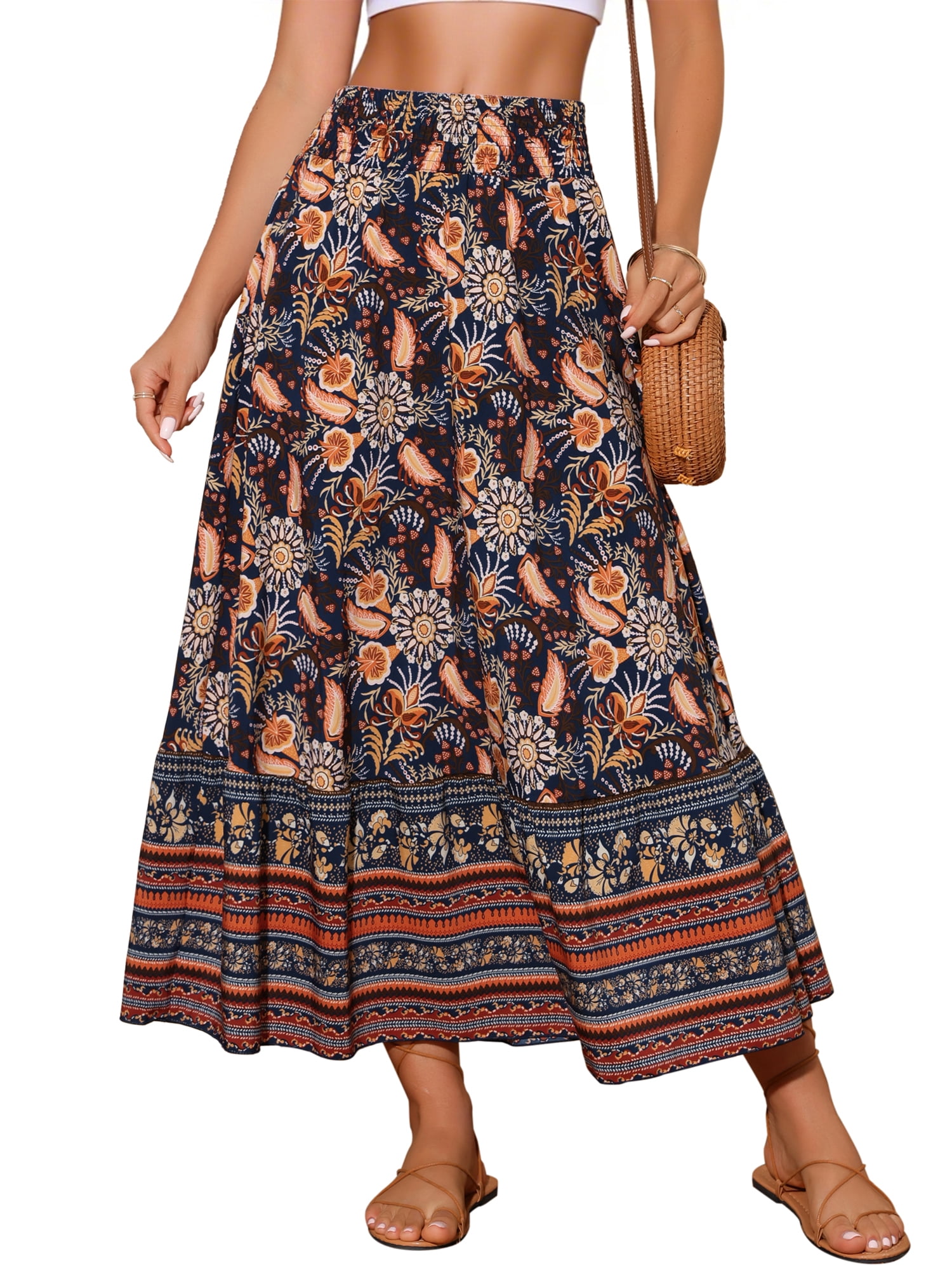 DARING DIVA Women's Bohemian High Waist A Line Maxi Skirts XL Dark Blue