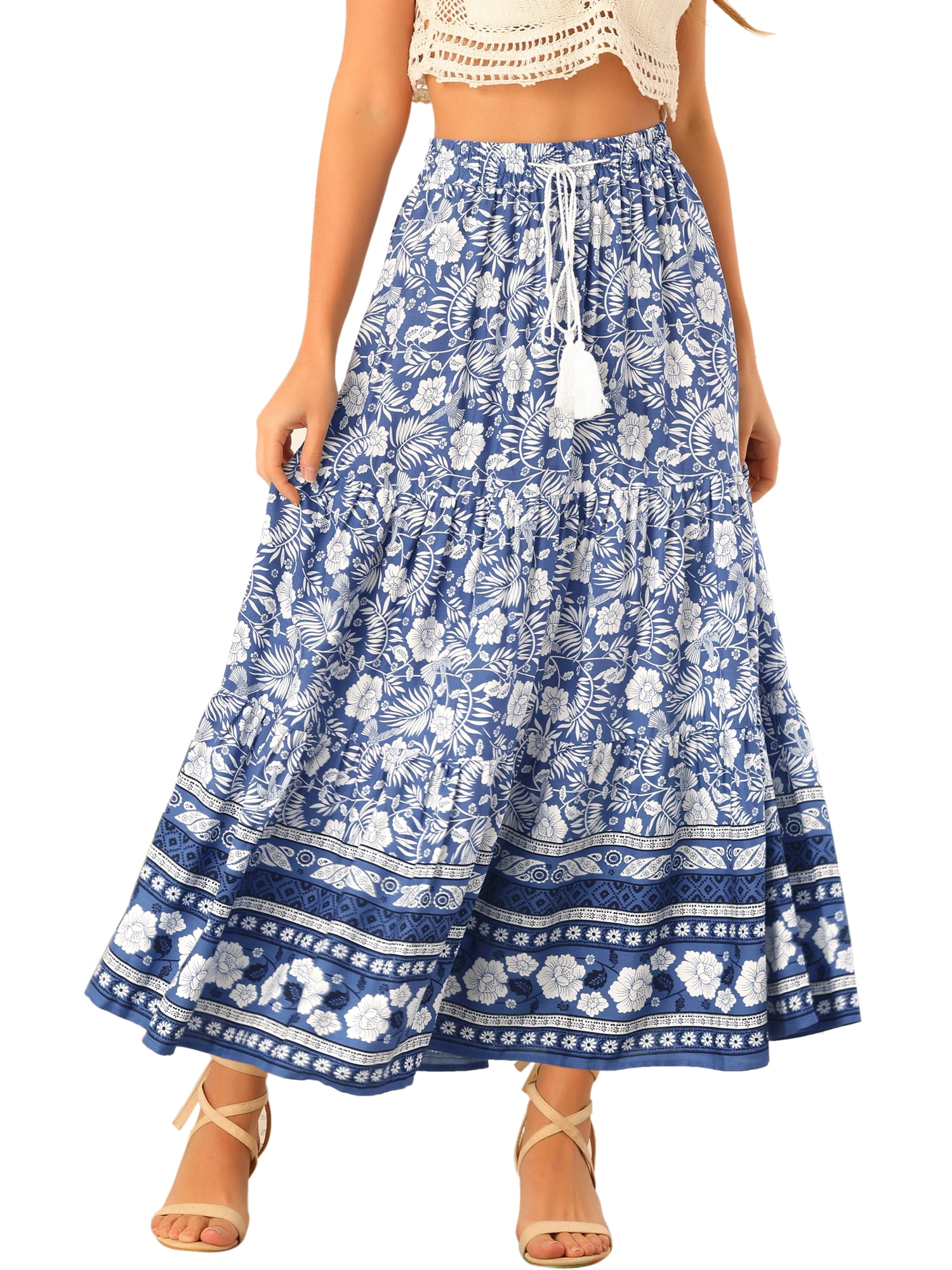 DARING DIVA Women's Bohemian Tassels Elastic Waist Floral Maxi Skirt 2XL Blue
