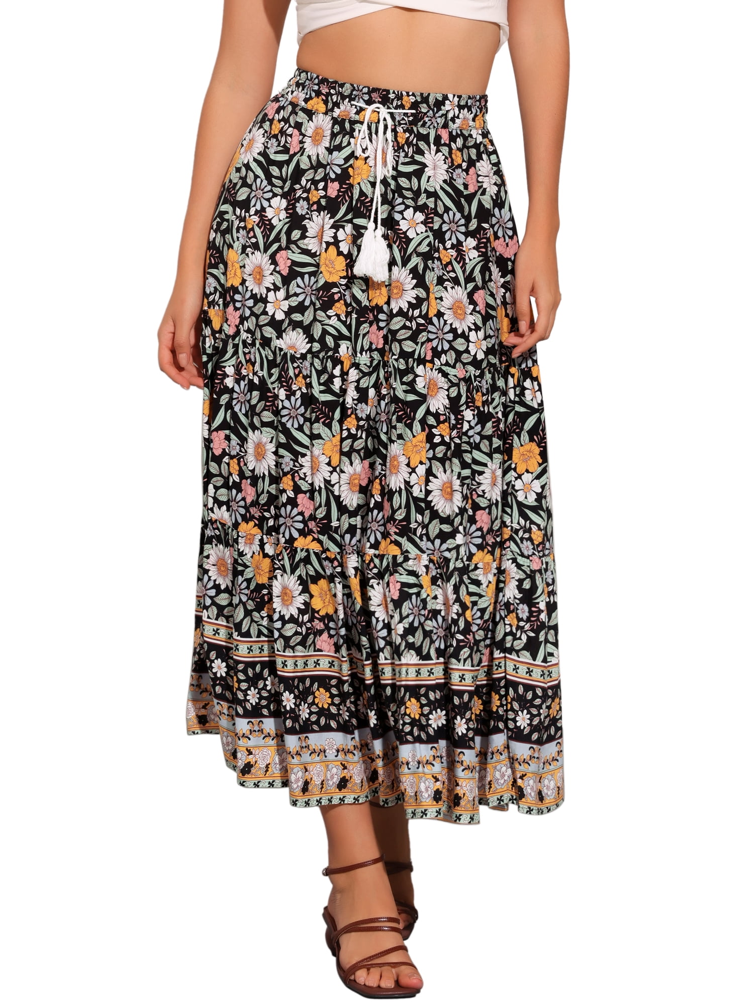 DARING DIVA Women's Bohemian Tassels Elastic Waist Floral Maxi Skirt L Black