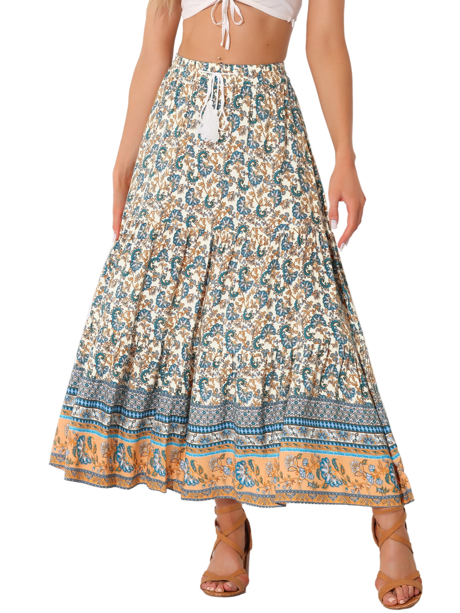 DARING DIVA Women's Bohemian Tassels Elastic Waist Floral Maxi Skirt S Beige