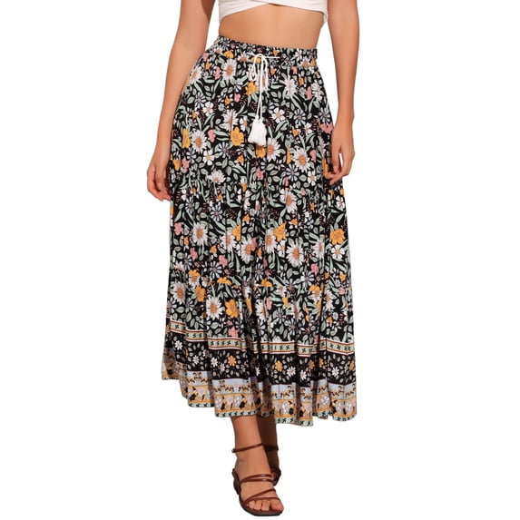 DARING DIVA Women's Bohemian Tassels Elastic Waist Floral Maxi Skirt XL Black