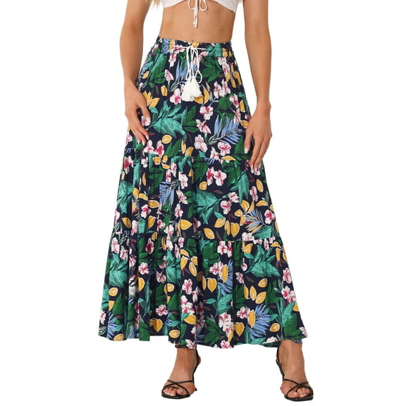 DARING DIVA Women's Bohemian Tassels Elastic Waist Floral Maxi Skirt XS Dark Blue