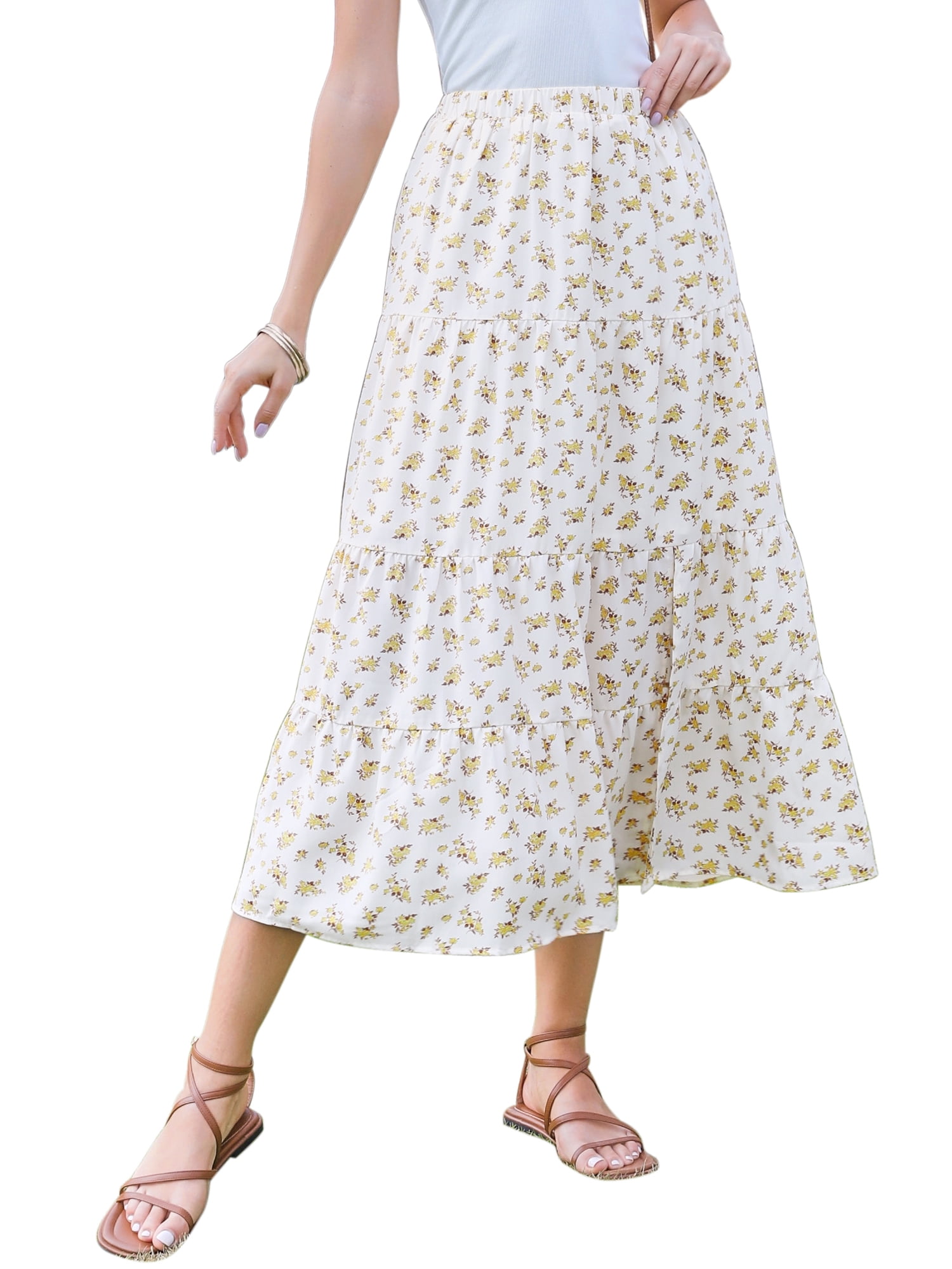 DARING DIVA Women's Floral Maxi Skirt Elastic High Waist A Line Skirts Medium Beige