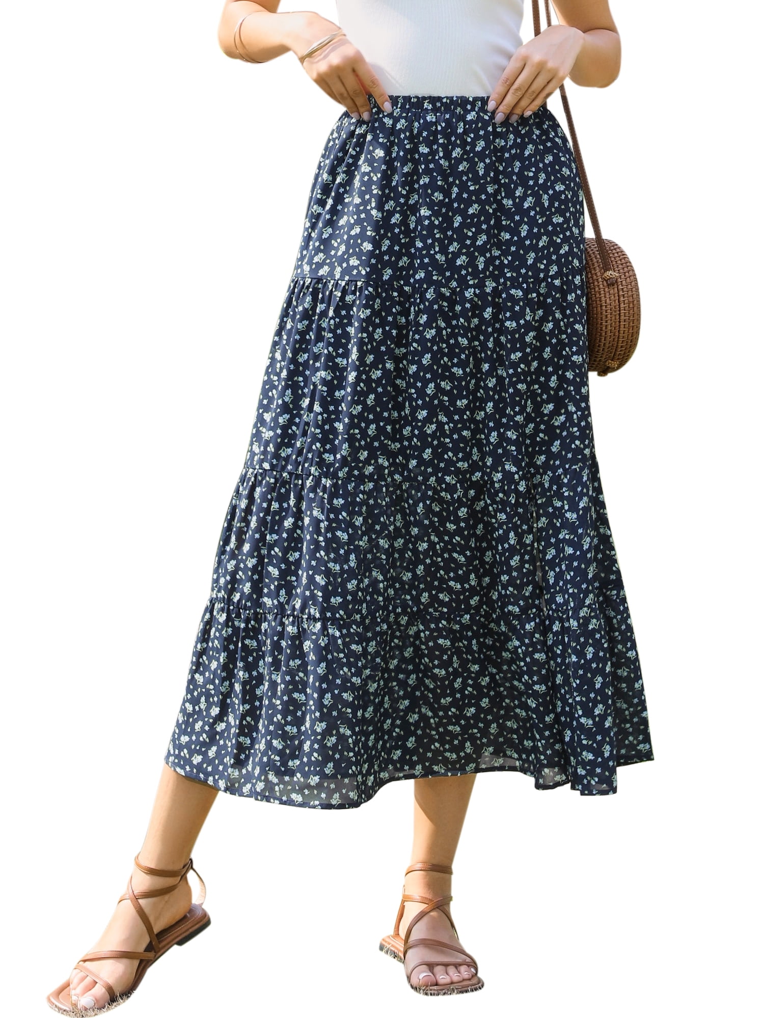 DARING DIVA Women's Floral Maxi Skirt Elastic High Waist A Line Skirts Small Dark Blue