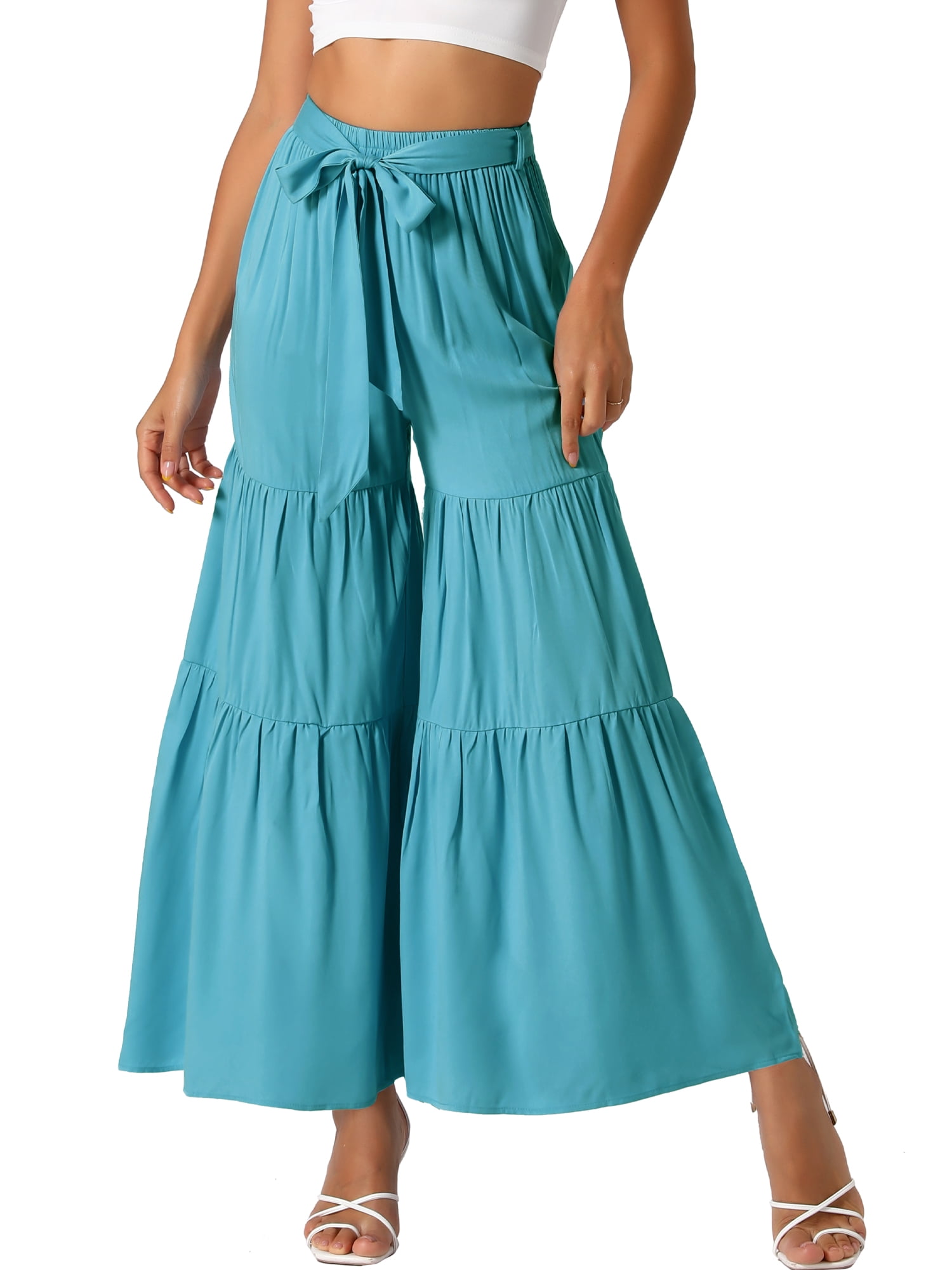 DARING DIVA Women's Boho Elastic High Tie Belt Ruffle Hem Palazzo Pants M Lake Blue