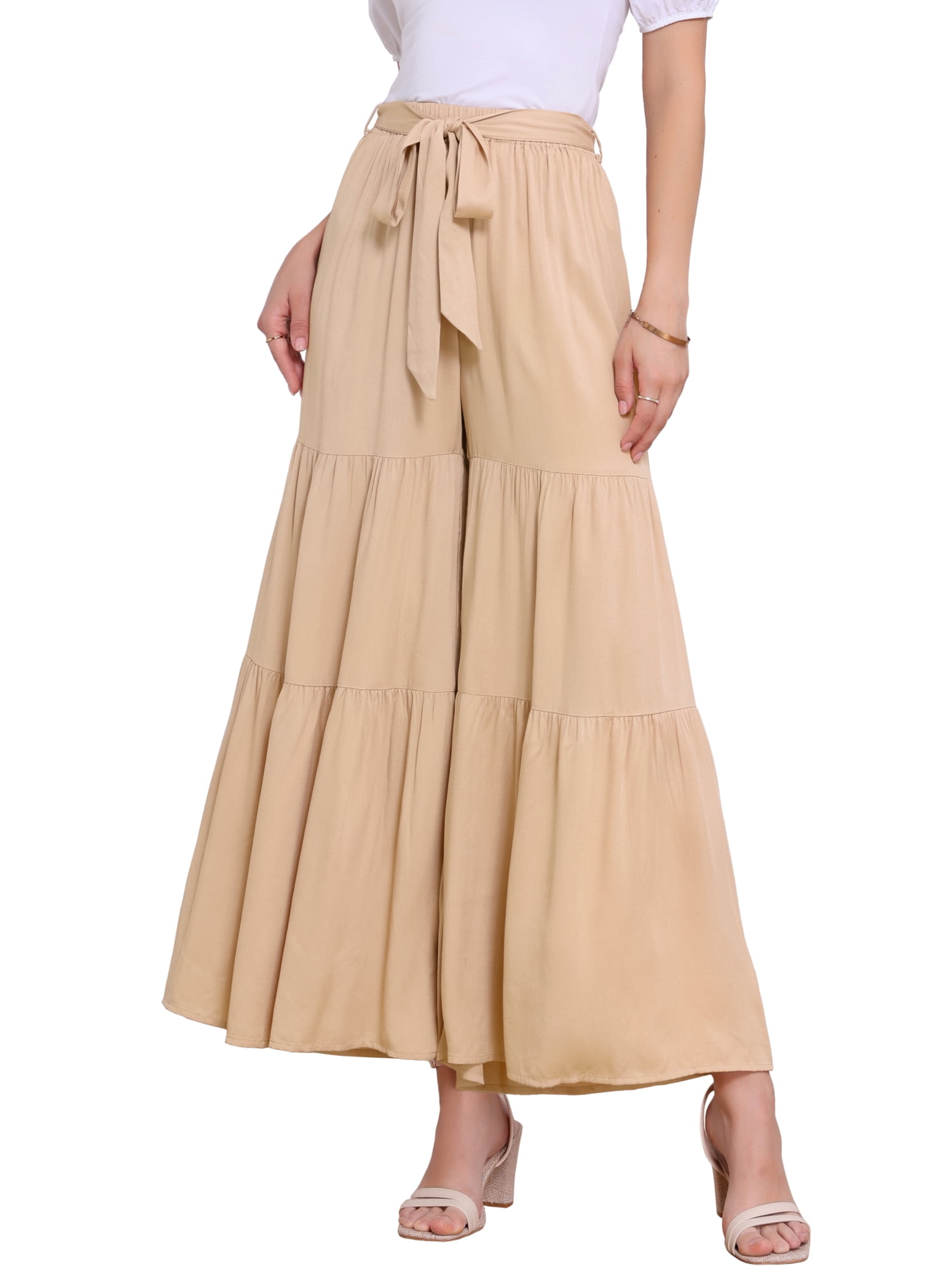 DARING DIVA Women's Boho Elastic High Tie Belt Ruffle Hem Palazzo Pants XL Light Khaki