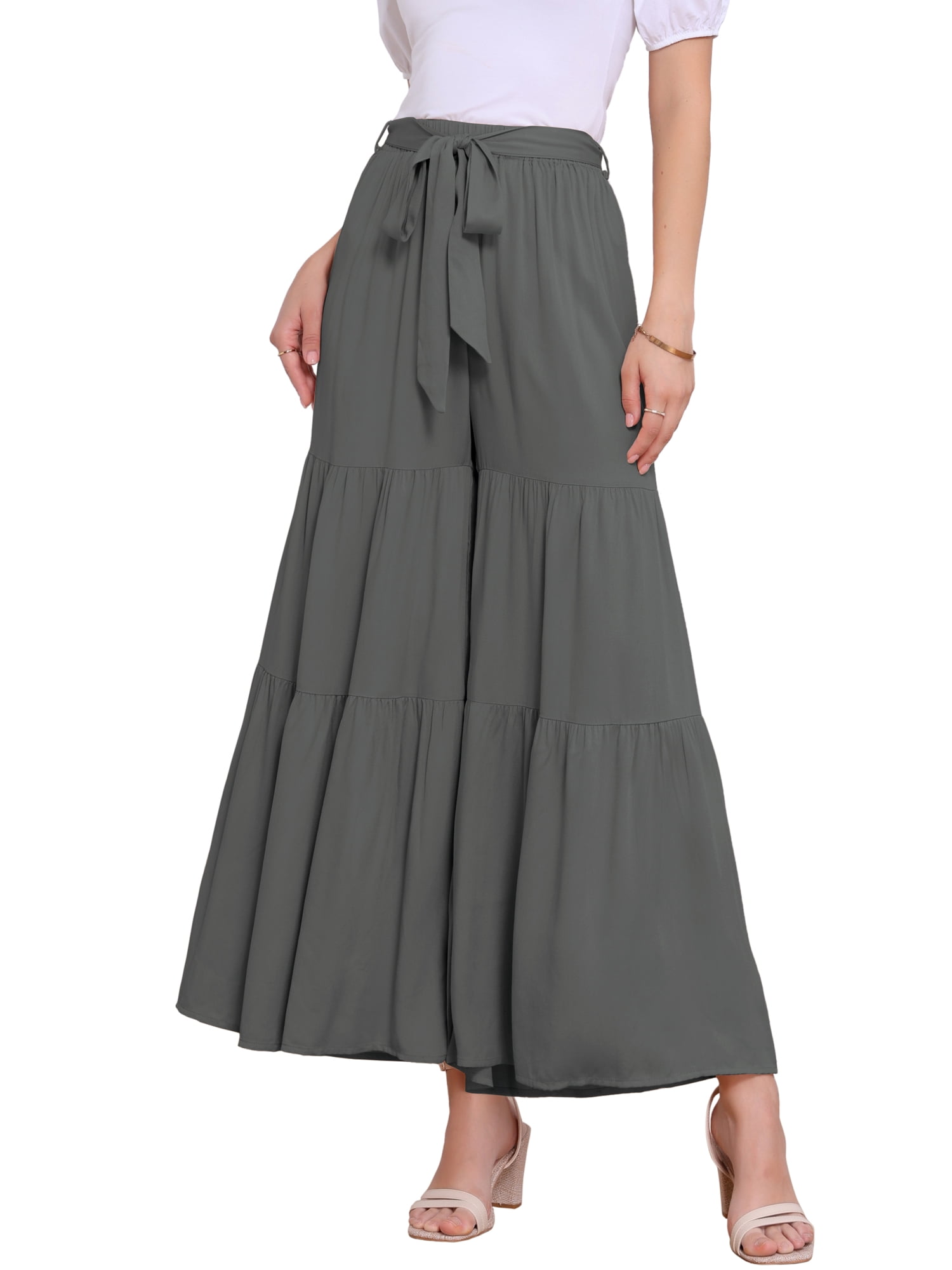 DARING DIVA Women's Boho Elastic High Tie Belt Ruffle Hem Palazzo Pants XS Grey