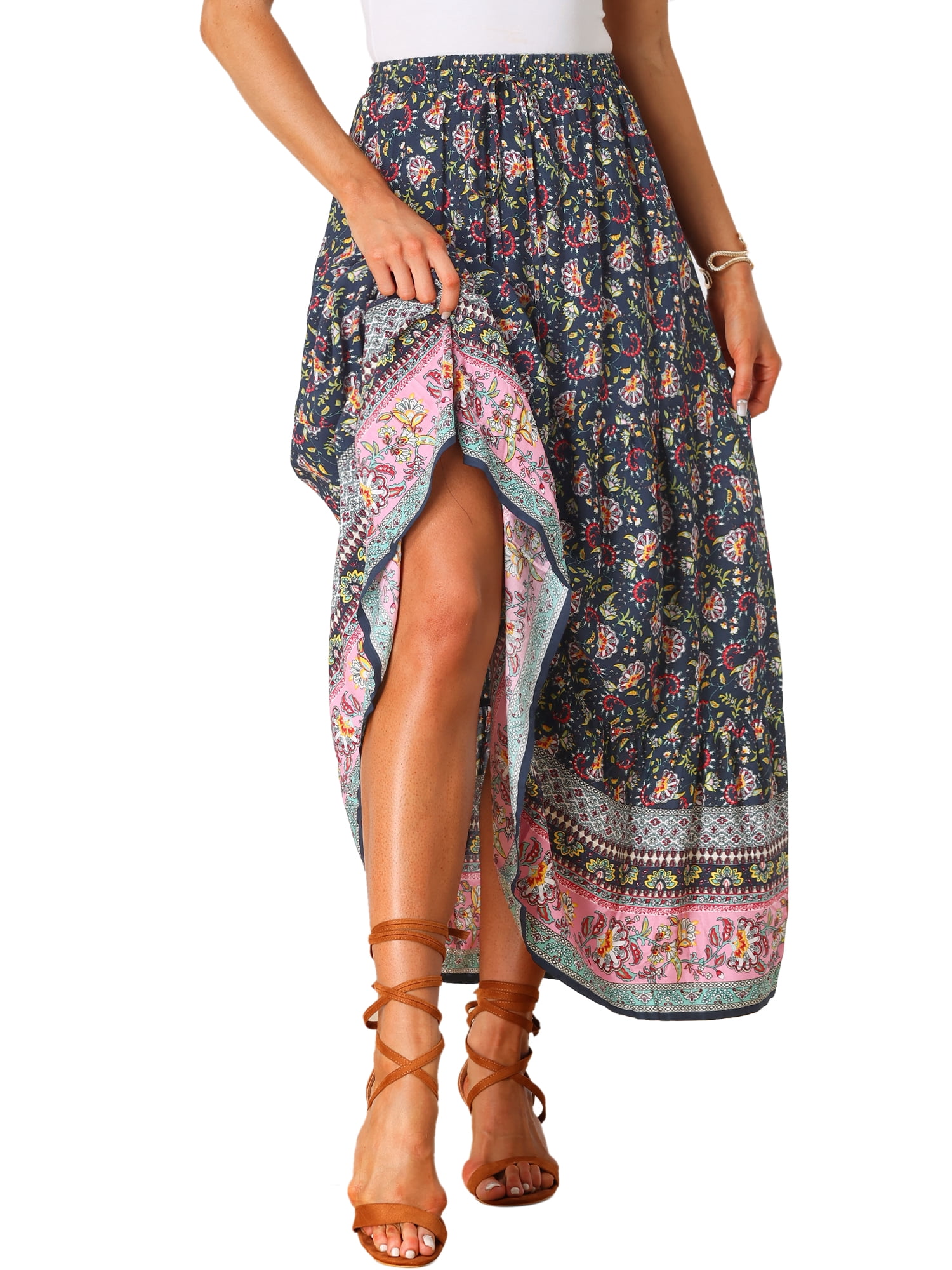 DARING DIVA Women's Boho Flare Floral Skirt M Navy Blue