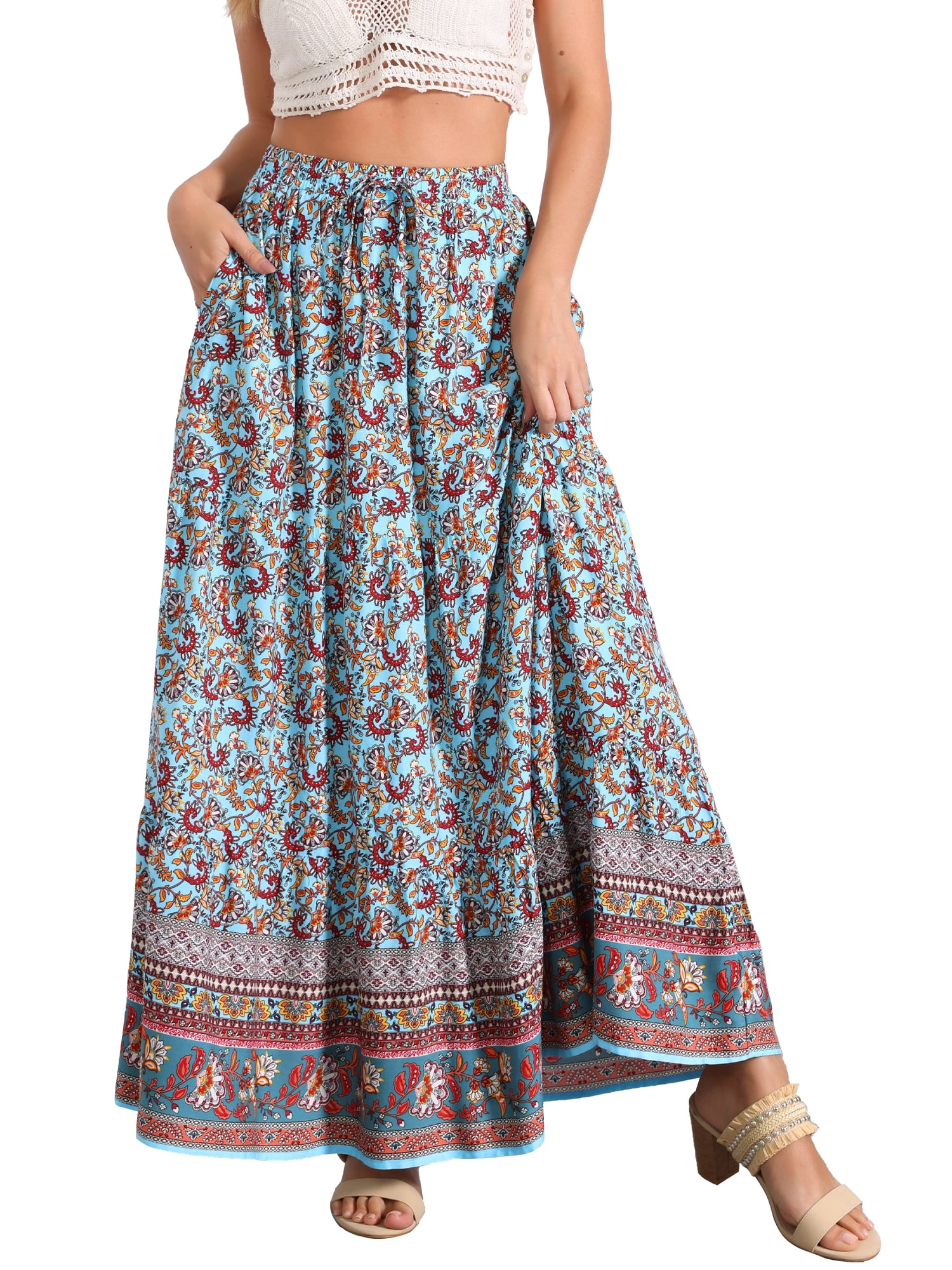 DARING DIVA Women's Boho Flare Floral Skirt S Blue