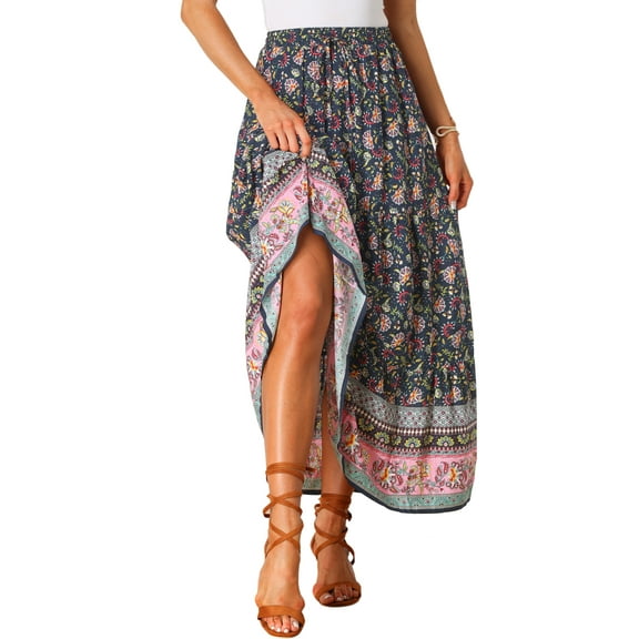 DARING DIVA Women's Boho Flare Floral Skirt S Navy Blue