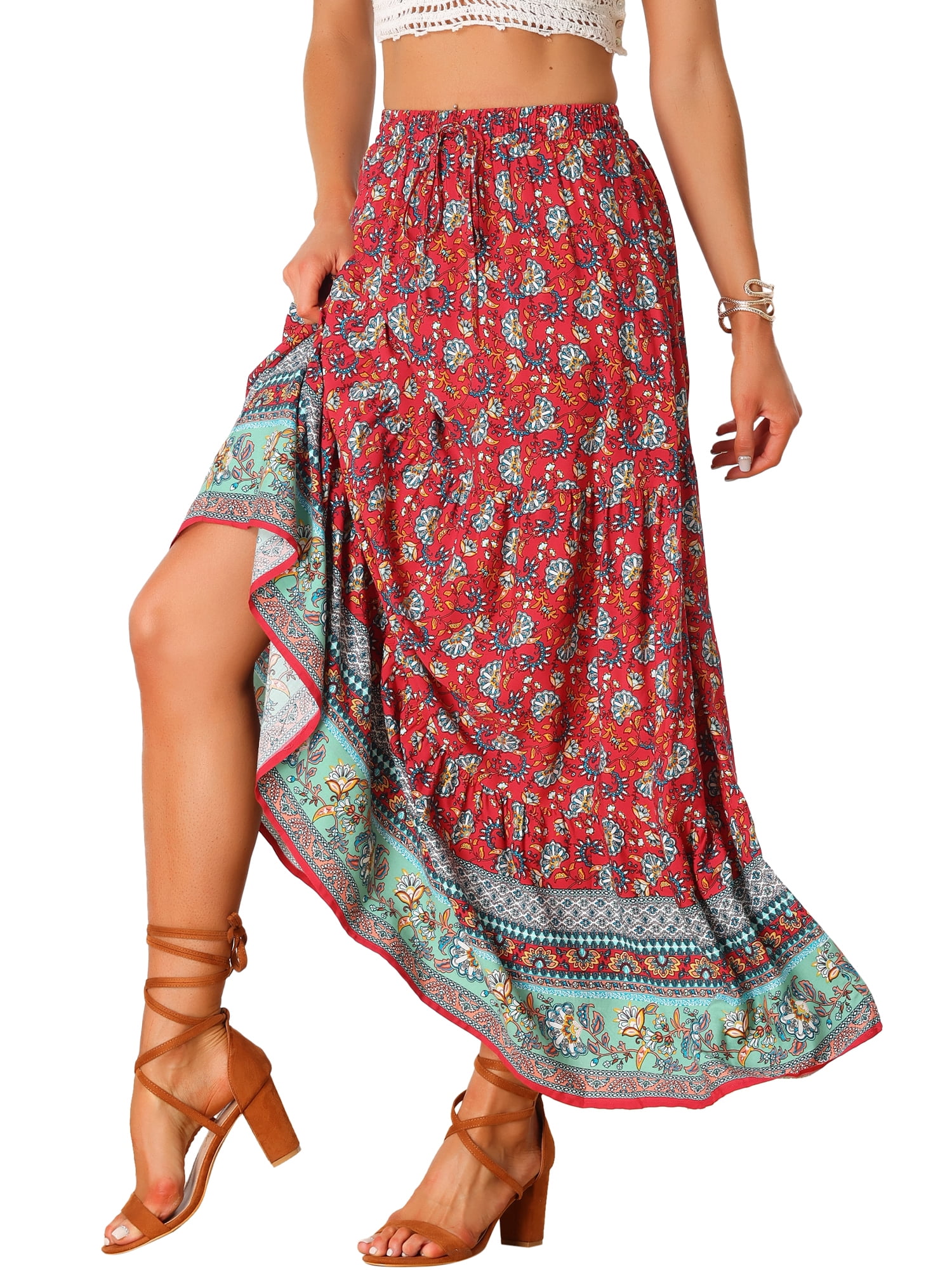 DARING DIVA Women's Boho Flare Floral Skirt S Red