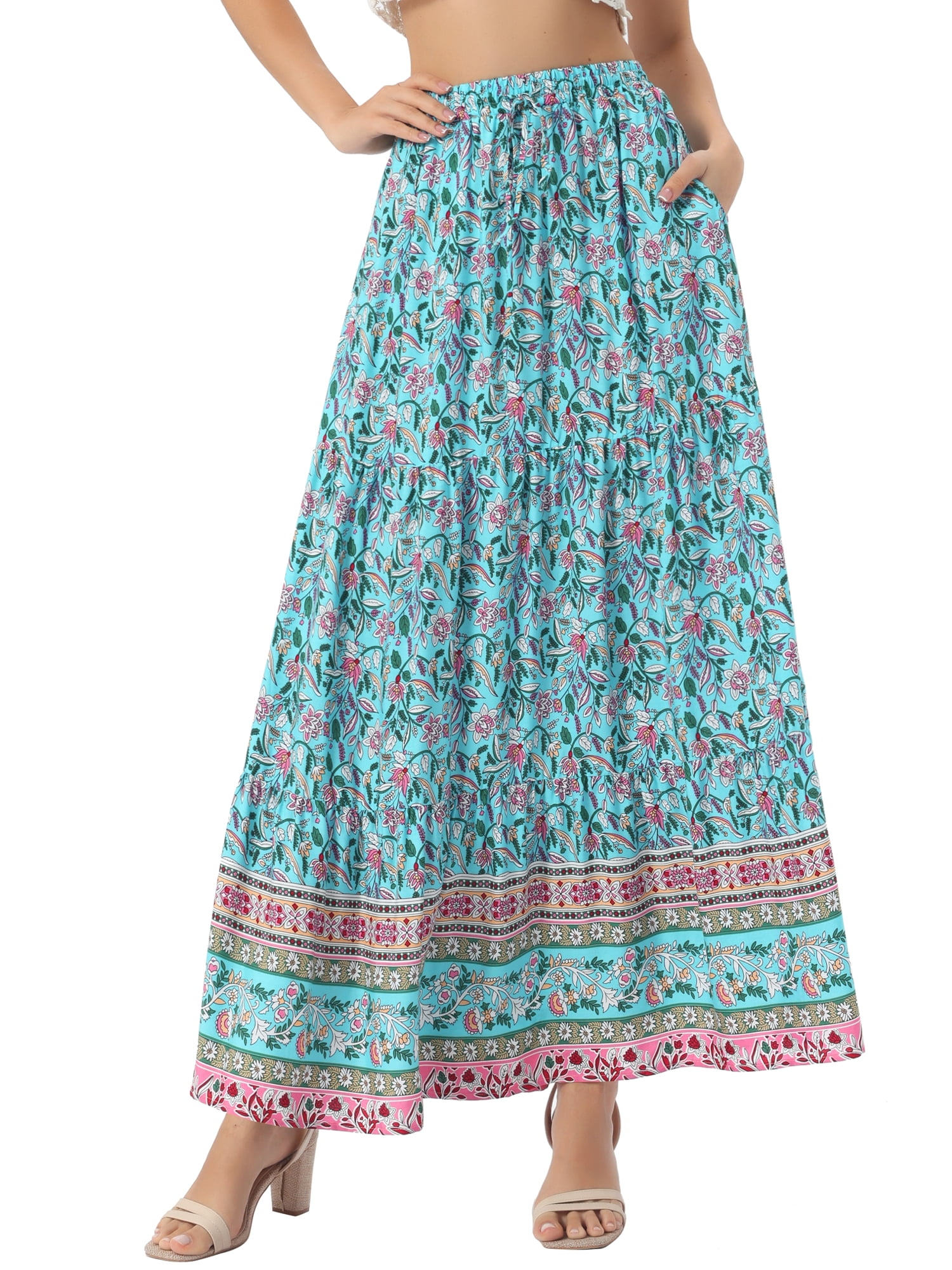 DARING DIVA Women's Boho Flare Floral Skirt Small Turquoise Blue