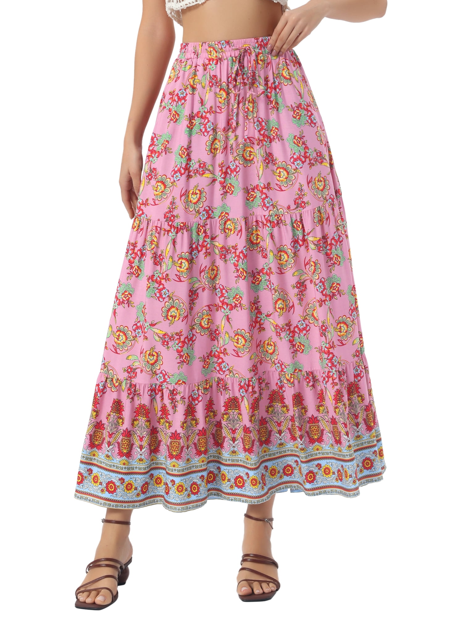 DARING DIVA Women's Boho Flare Floral Skirt X-Large Dark Pink