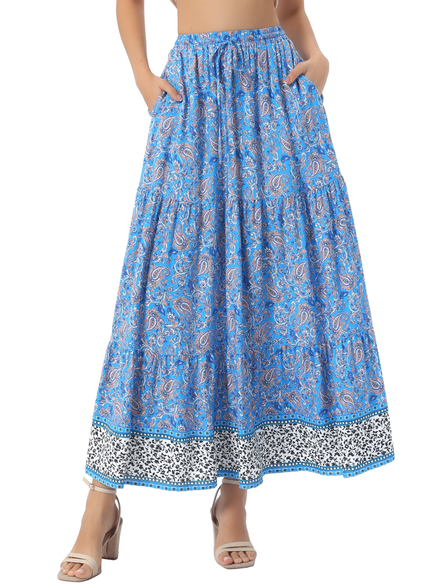 DARING DIVA Women's Boho Flare Floral Skirt X-Small Sky Blue