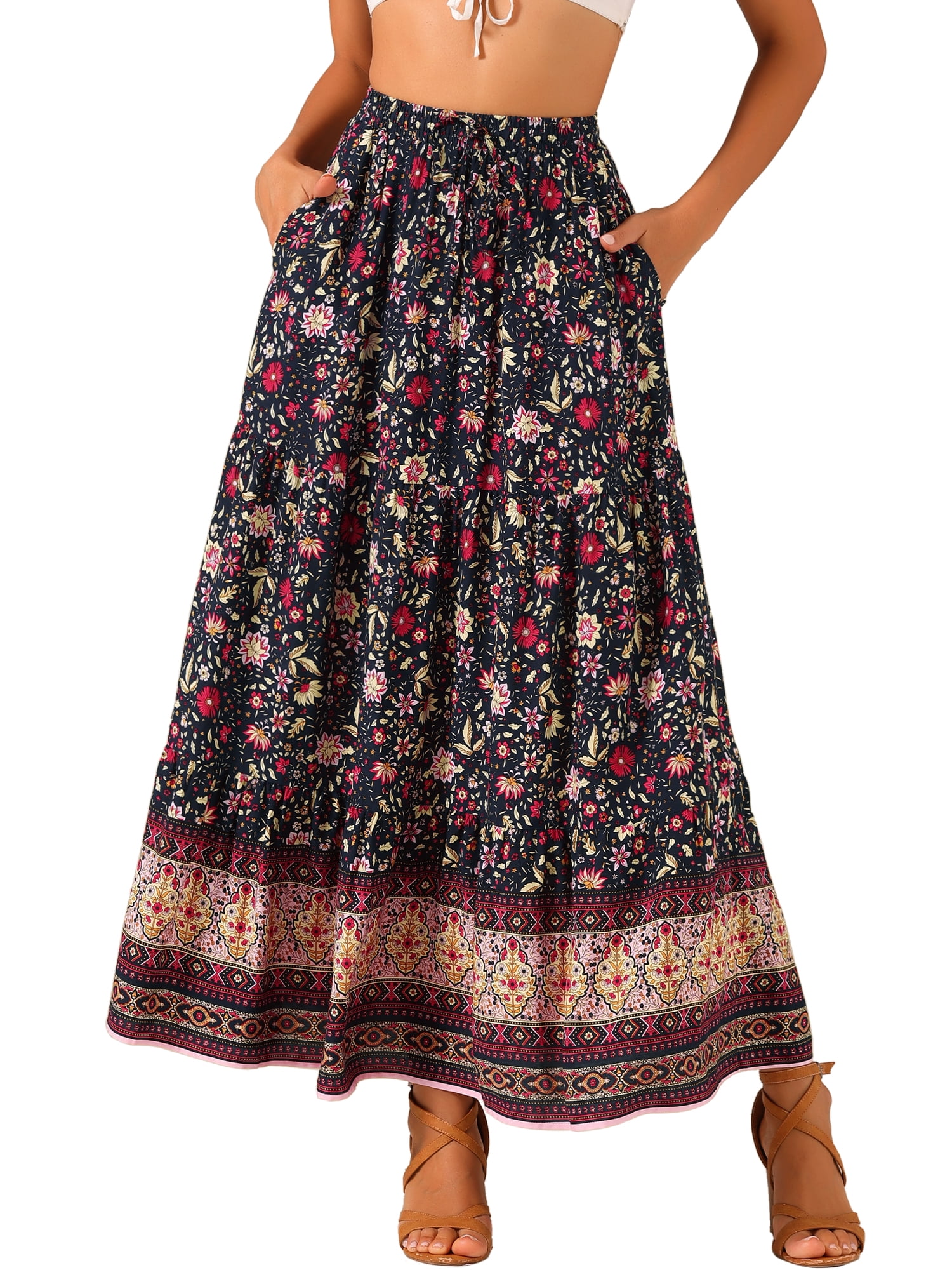 DARING DIVA Women's Boho Flare Floral Skirt XL Black