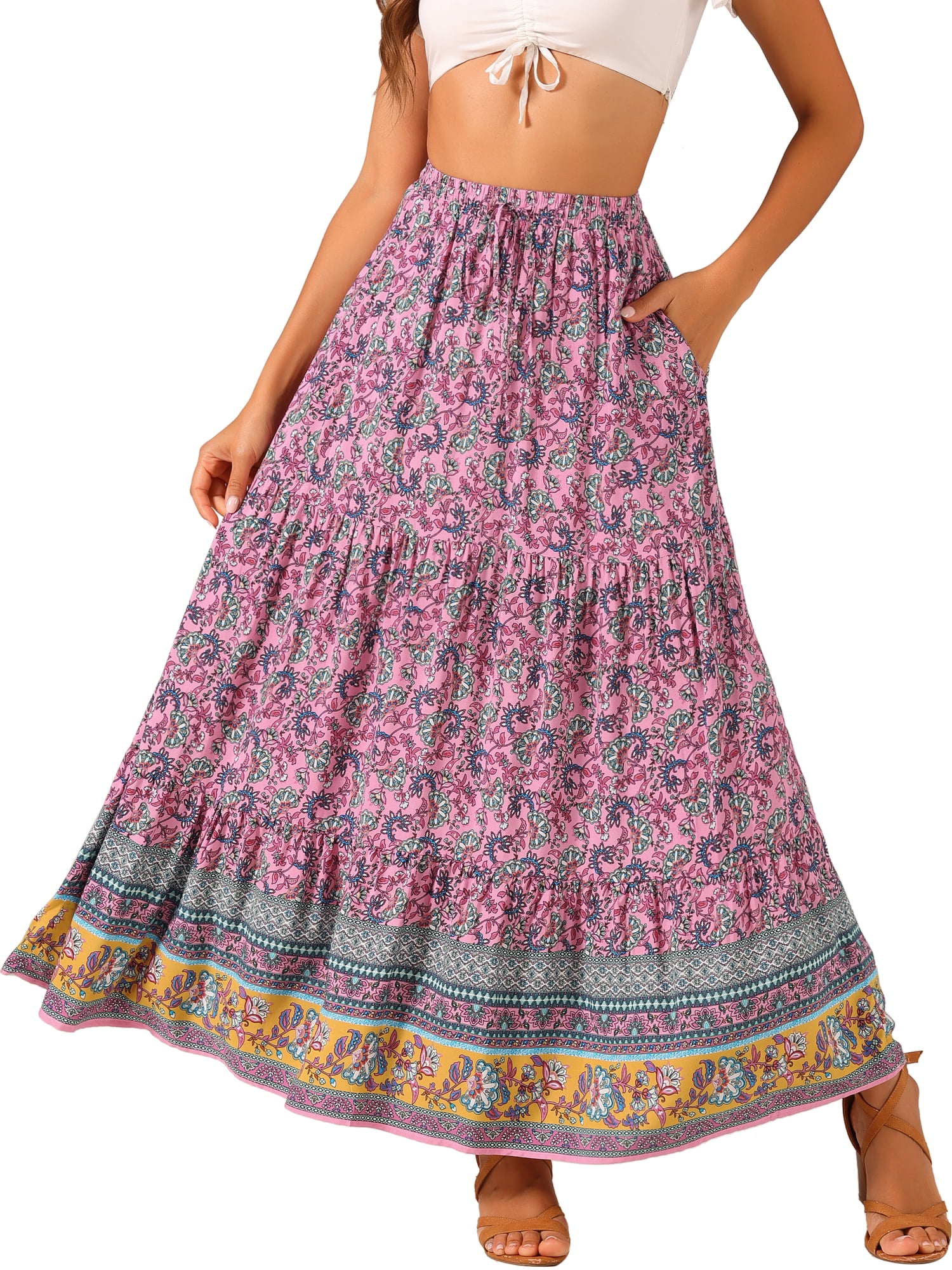 DARING DIVA Women's Boho Flare Floral Skirt XL Pink