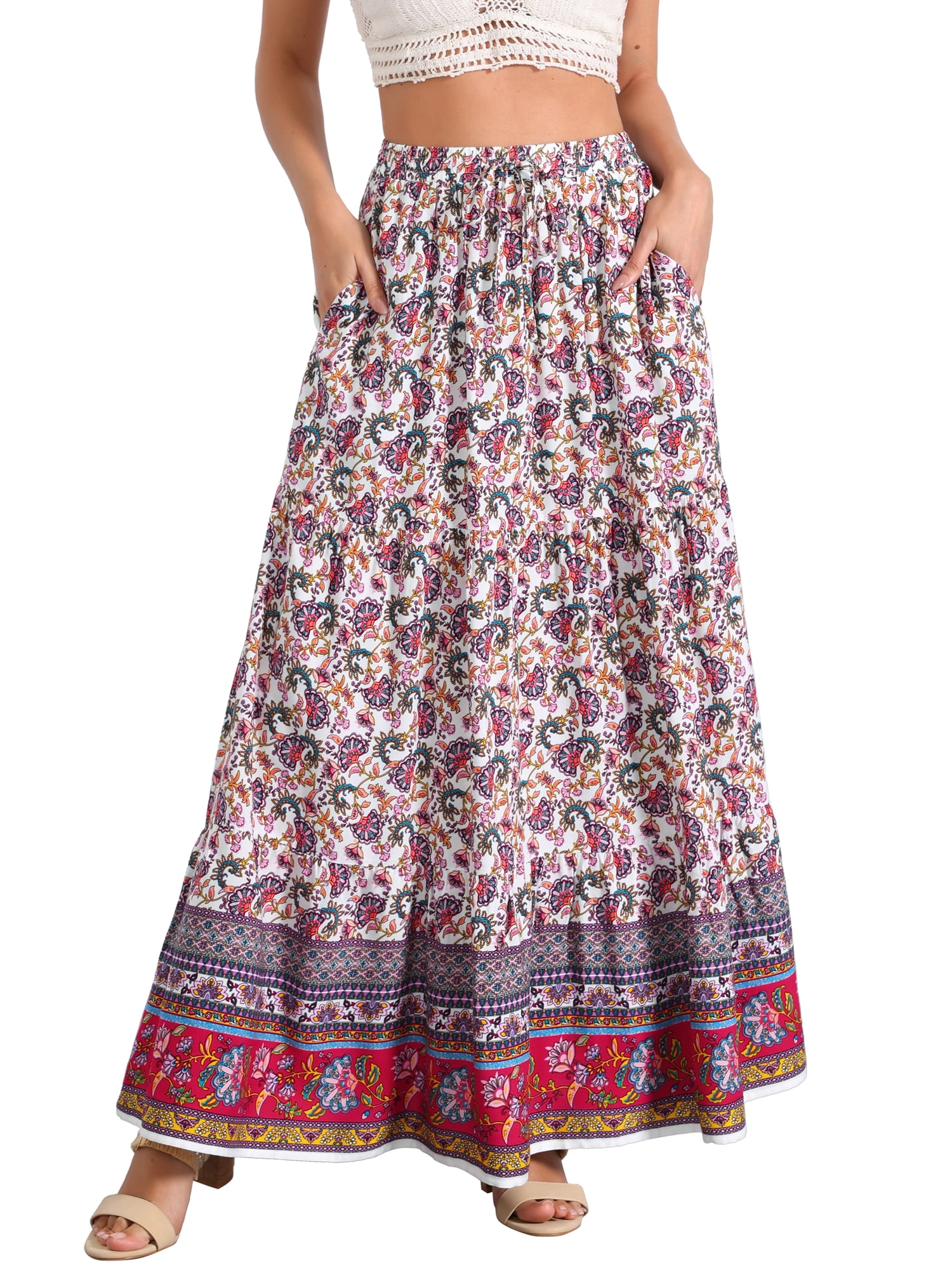 DARING DIVA Women's Boho Flare Floral Skirt XL White Purple