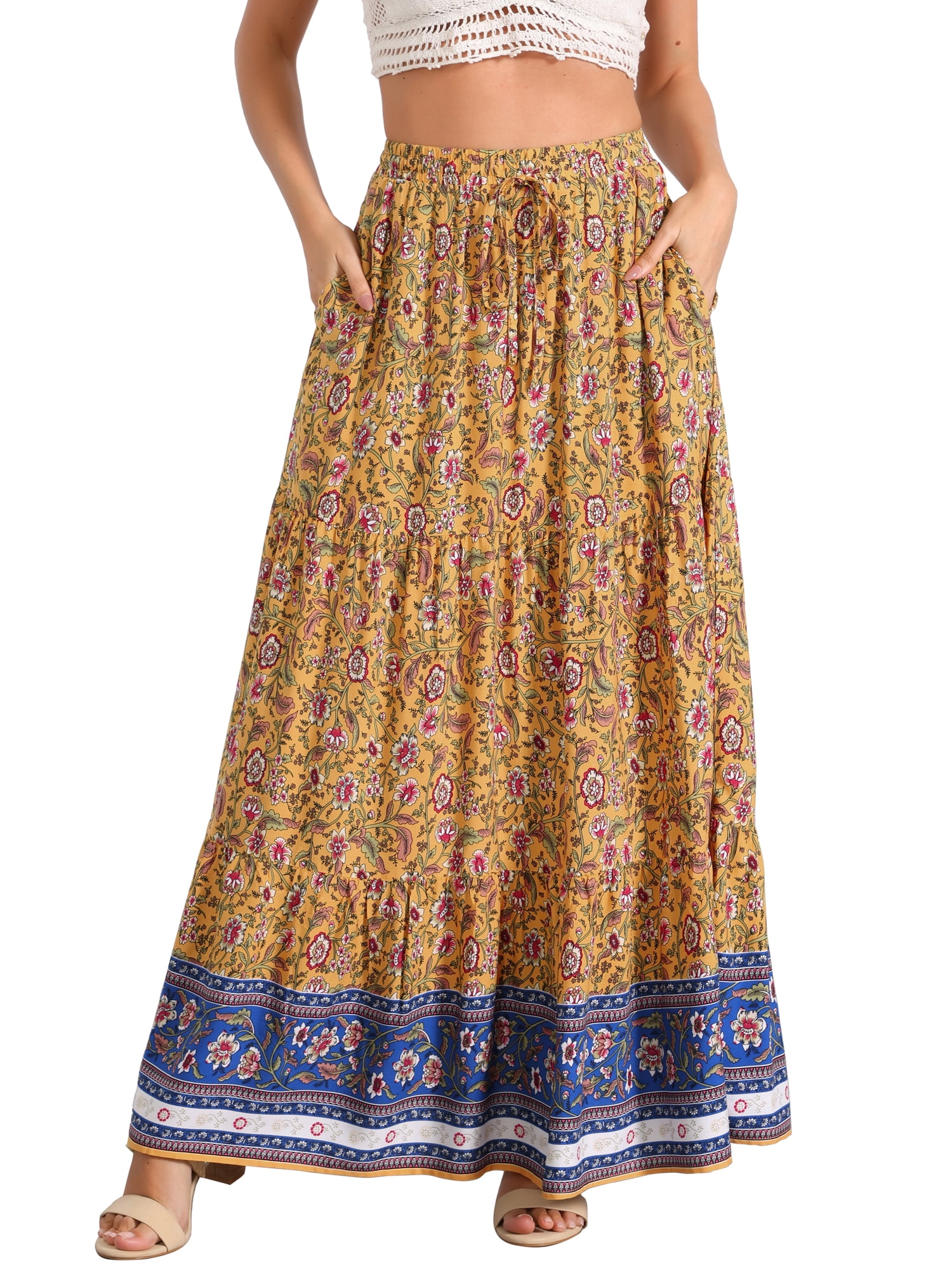 DARING DIVA Women's Boho Flare Floral Skirt XL Yellow