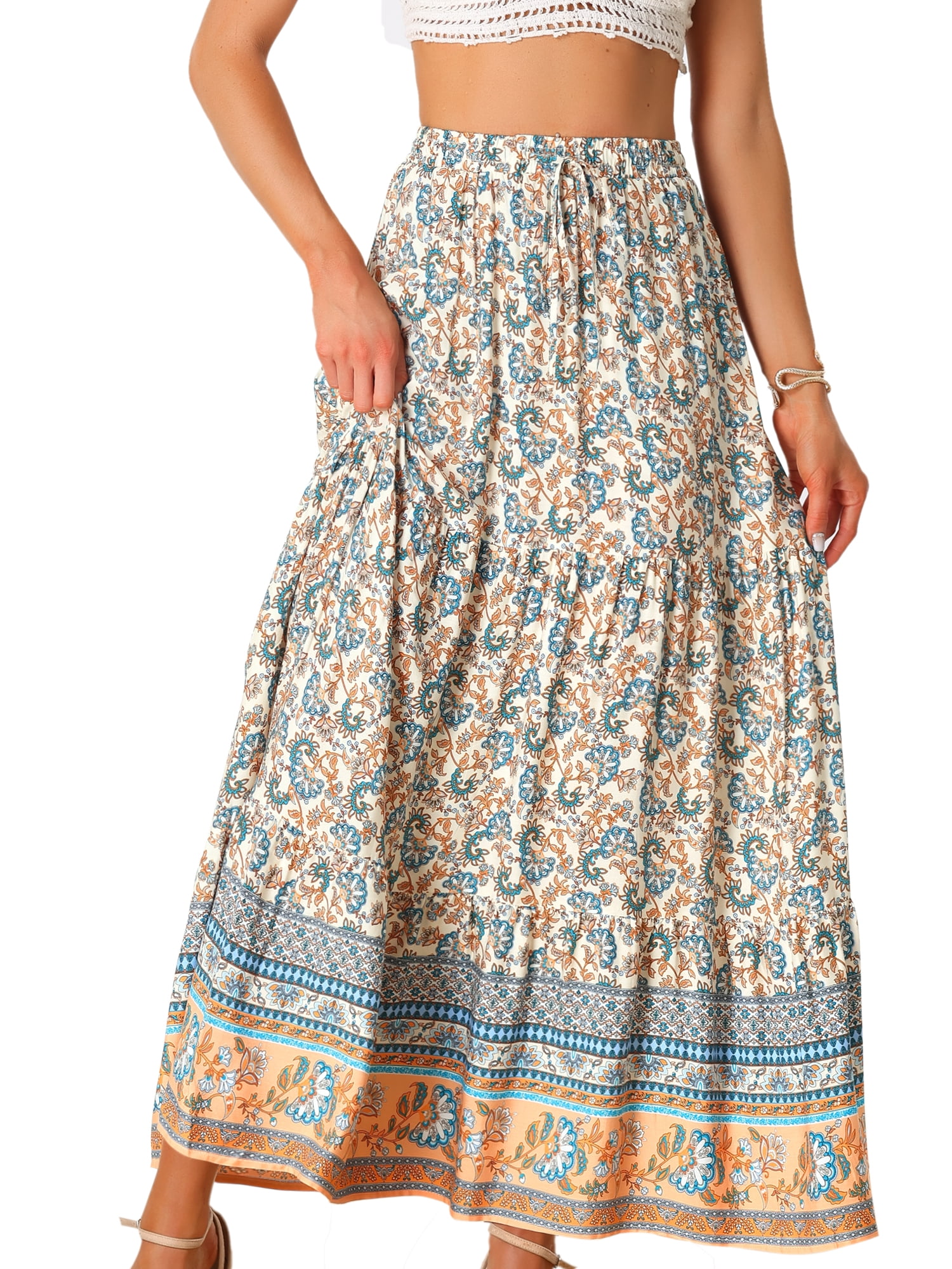 DARING DIVA Women's Boho Flare Floral Skirt XS Beige