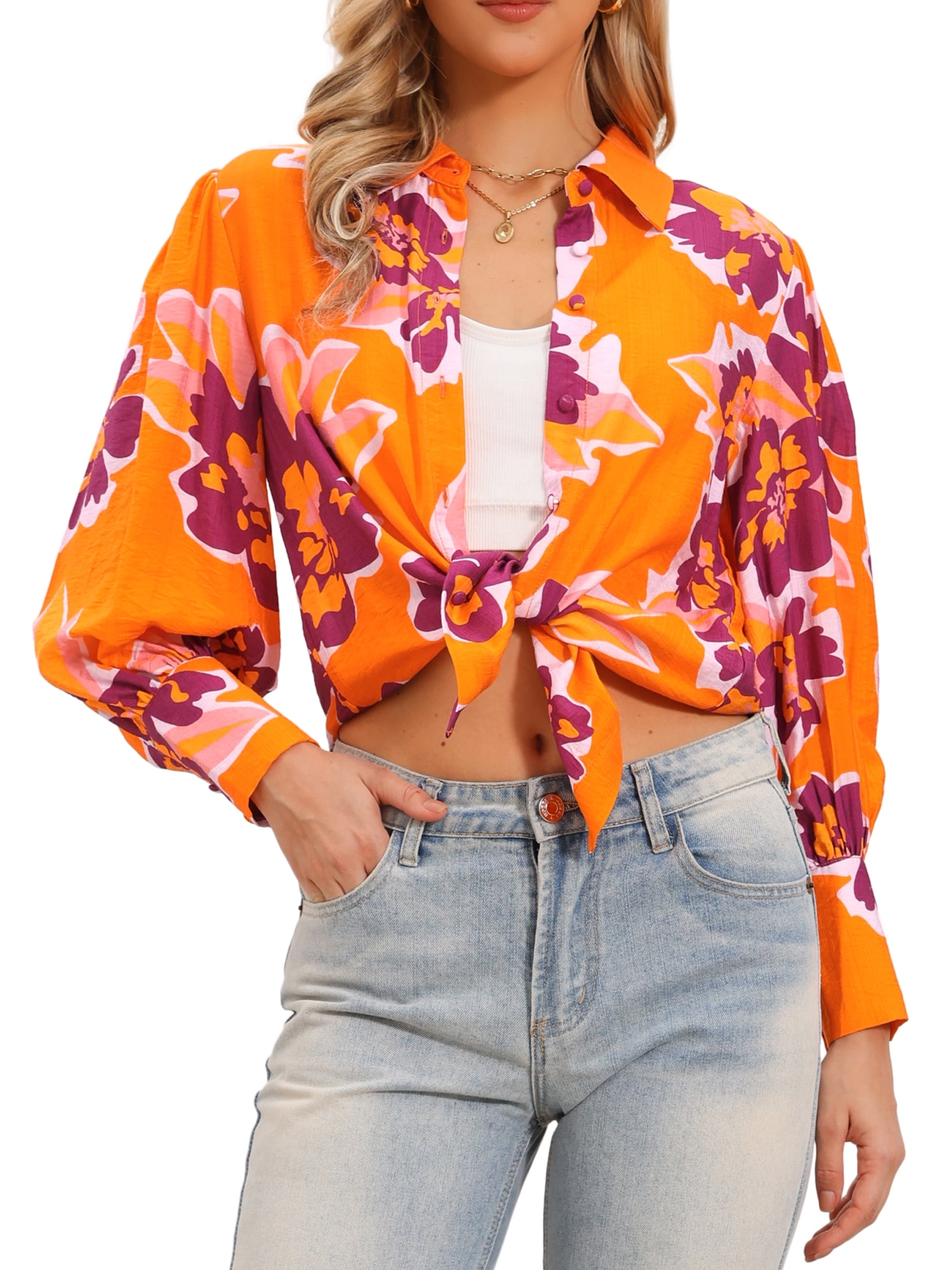 DARING DIVA Women's Boho Floral Blouse Shirt Lantern Long Sleeve Button Down M Orange