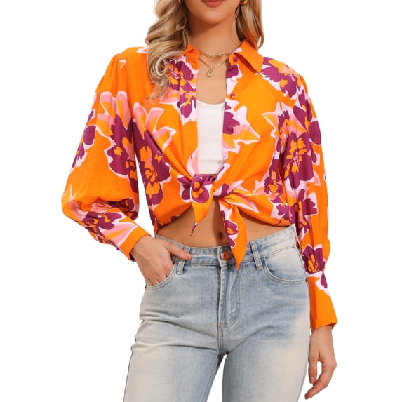 DARING DIVA Women's Boho Floral Blouse Shirt Lantern Long Sleeve Button Down XS Orange