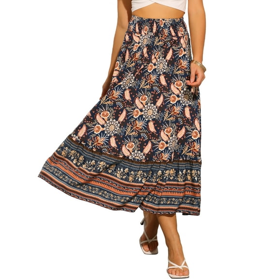 DARING DIVA Women's Boho Floral Casual Beach Flowy Maxi Skirt L Dark Blue