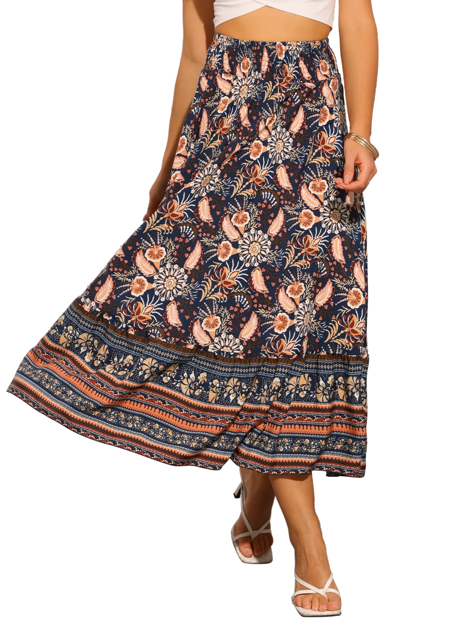 DARING DIVA Women's Boho Floral Casual Beach Flowy Maxi Skirt M Dark Blue