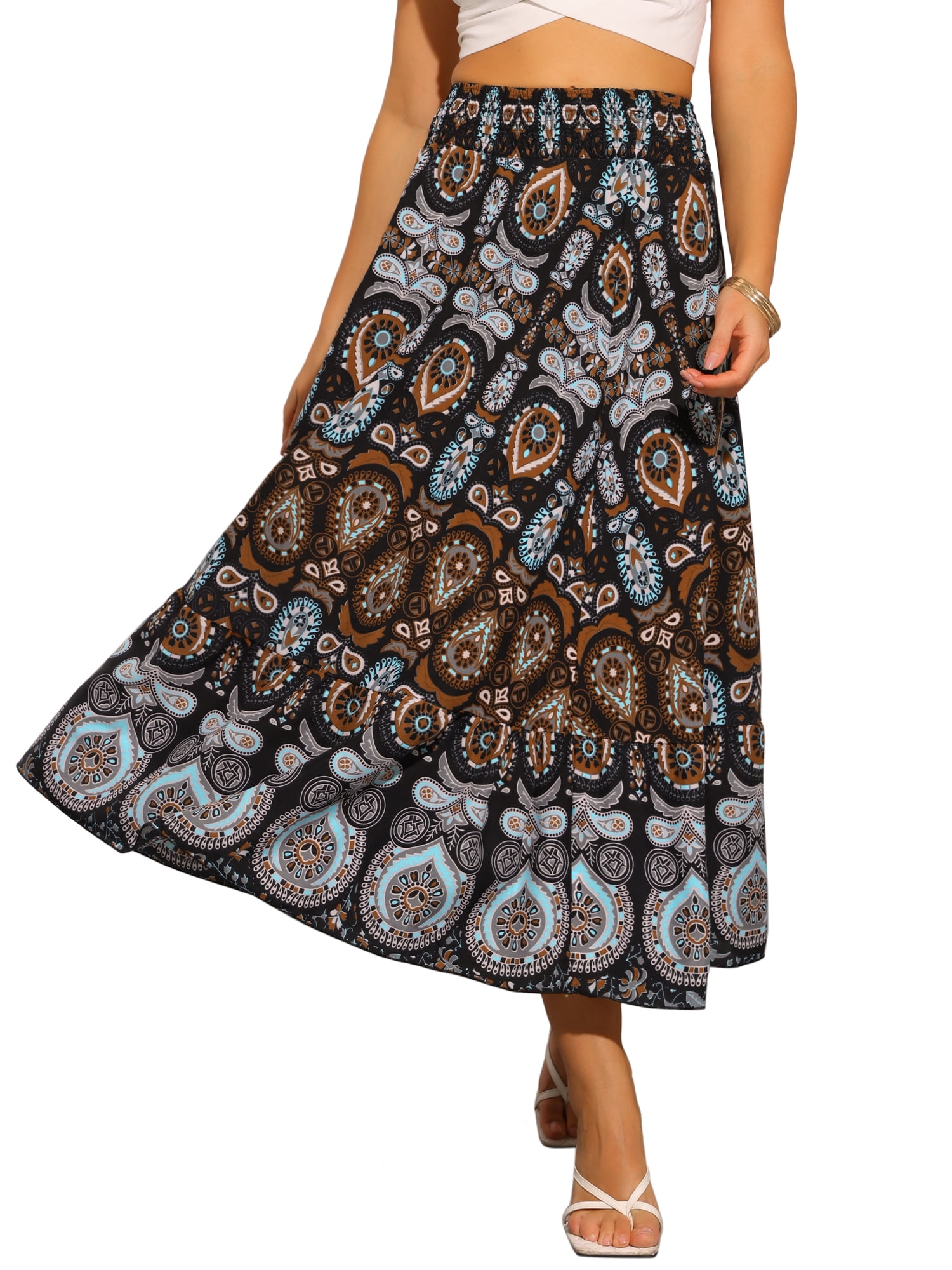 DARING DIVA Women's Boho Floral Casual Beach Flowy Maxi Skirt XS Black