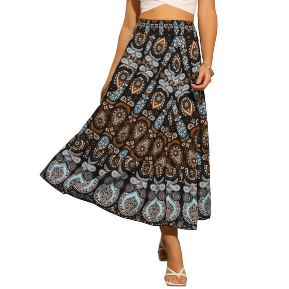 DARING DIVA Women's Boho Floral Casual Beach Flowy Maxi Skirt XS Black