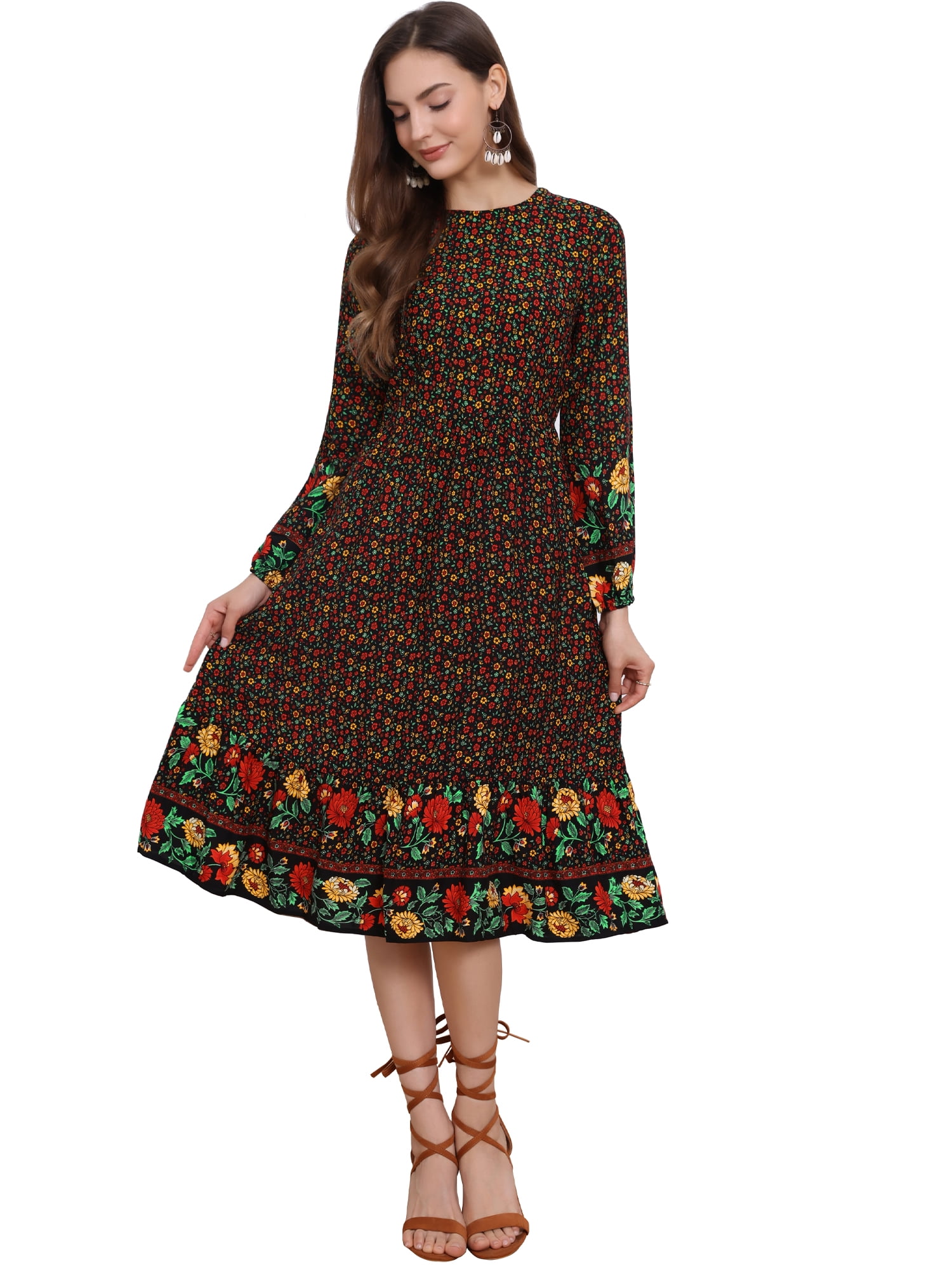 DARING DIVA Women's Boho Floral Long Sleeves Elastic Waist Midi Dresses S Black White